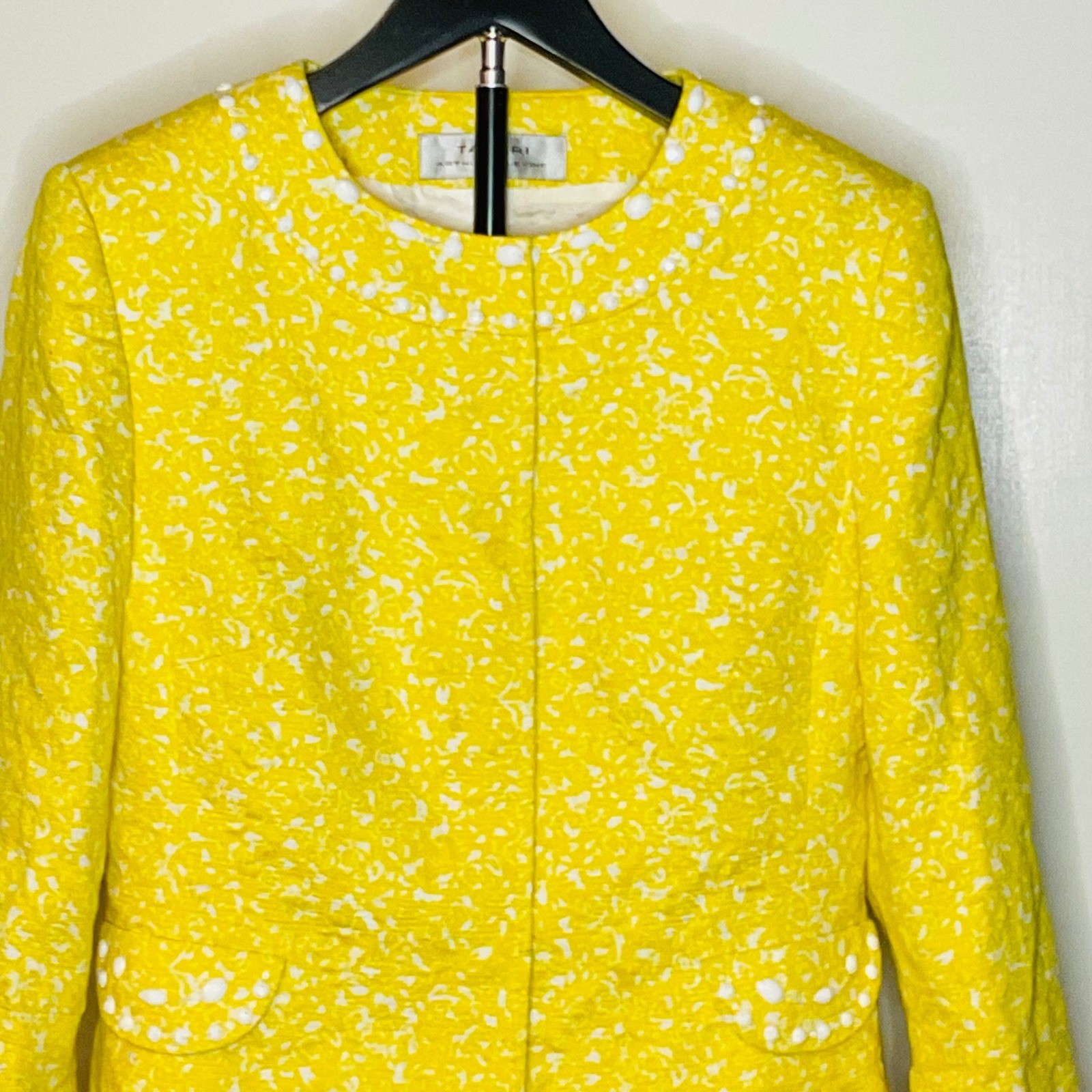 TAHARI ASL women’s yellow white beaded floral suit skirt blazer vintage cotton 6