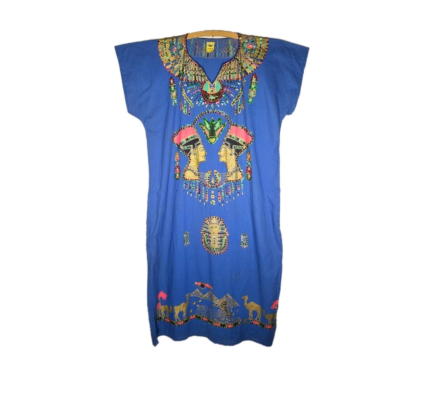 Vtg 70s Sequin Egypt Caftan Blue Cotton OOAK Ancient Gold Screenprint L XL
