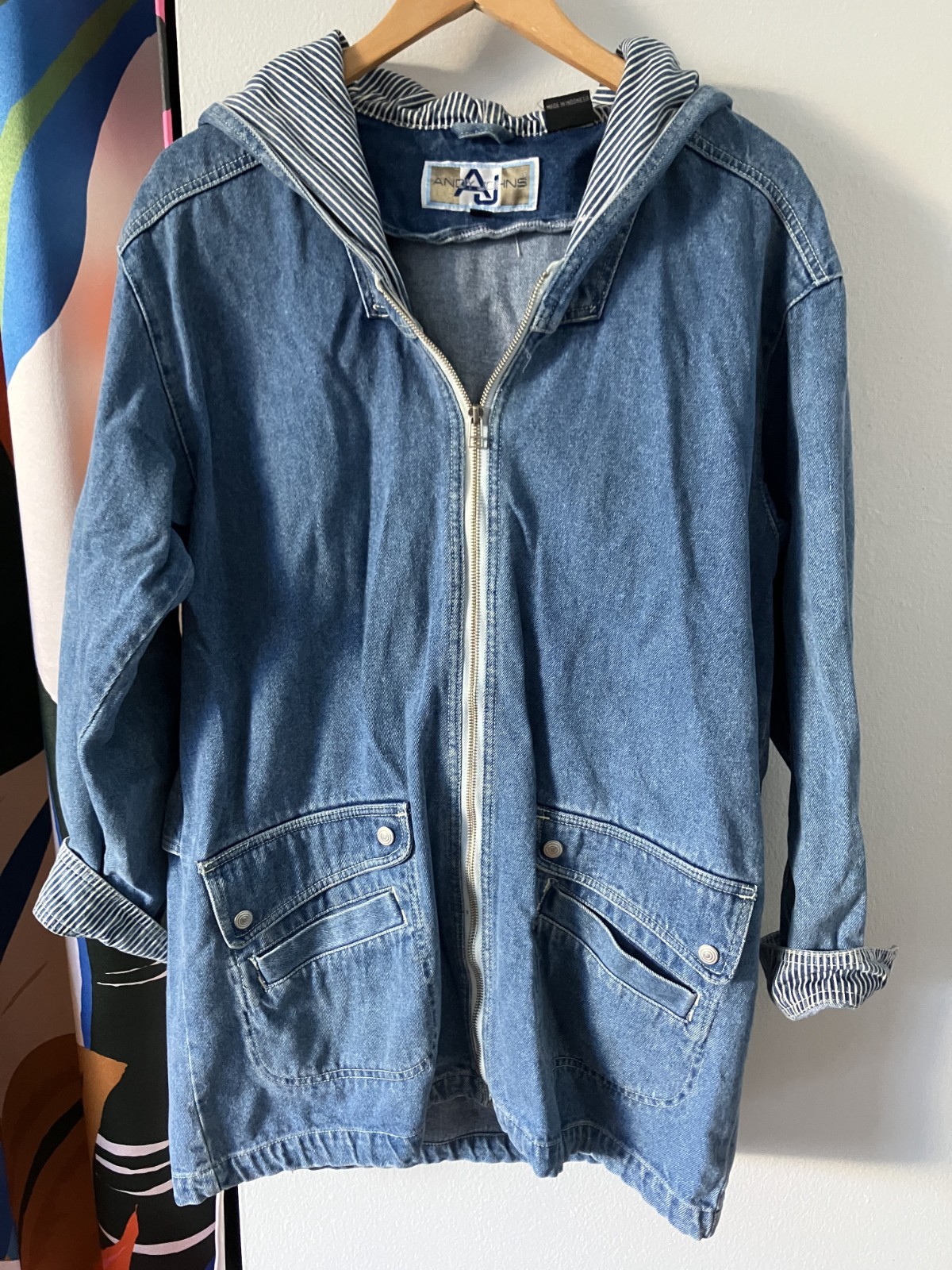 Vintage 90s Andy Johns Long Denim Jean Jacket Zip Front Hooded Women’s M