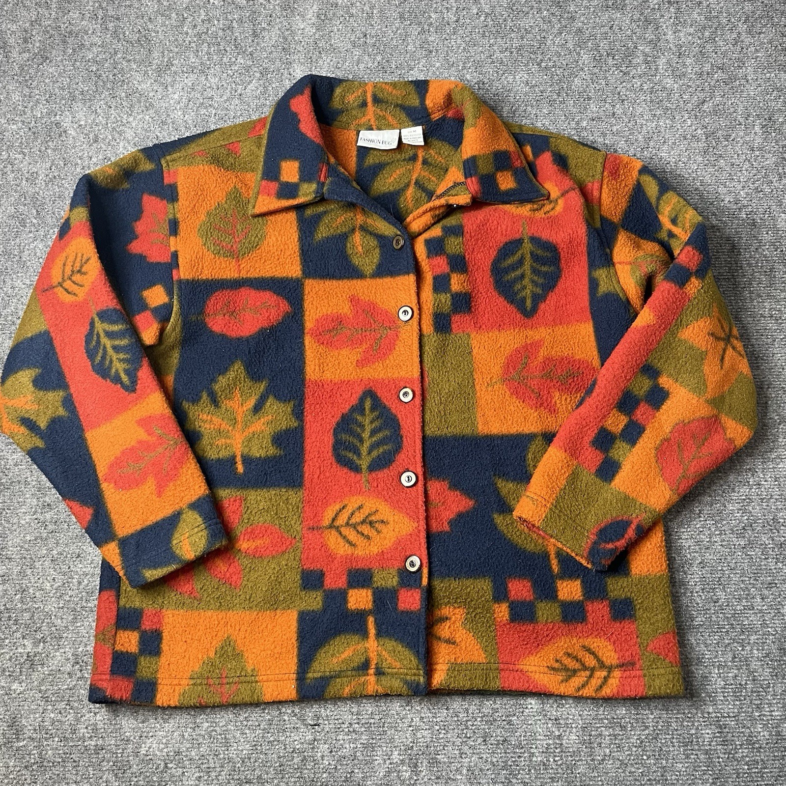Vtg Fashion Bug Floral Fleece Jacket Button Up Womens M 1990s 90s