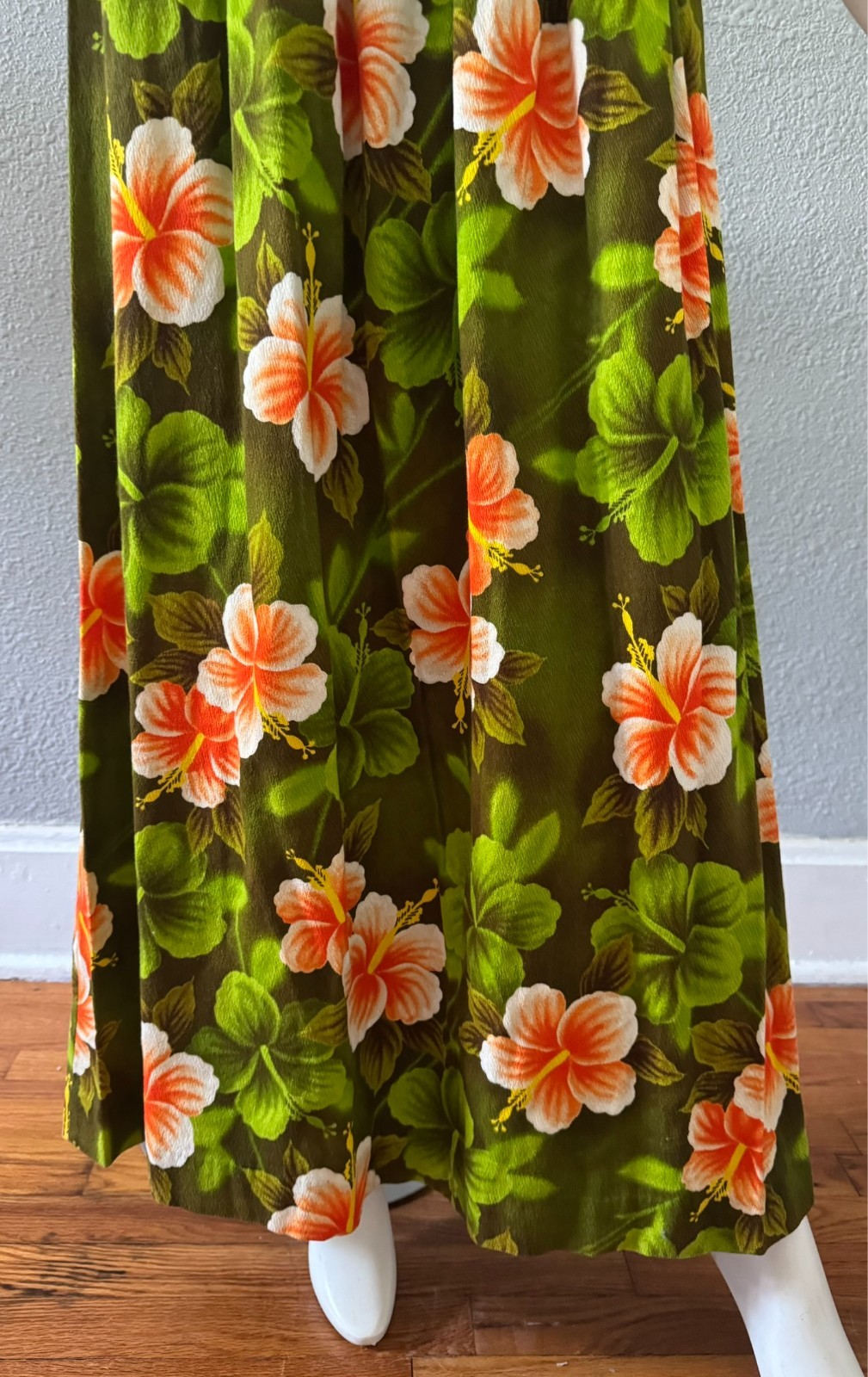 Vintage 60s Psychedelic Green Tropical HAWAIIAN Barkcloth Maxi Hippie Dress M