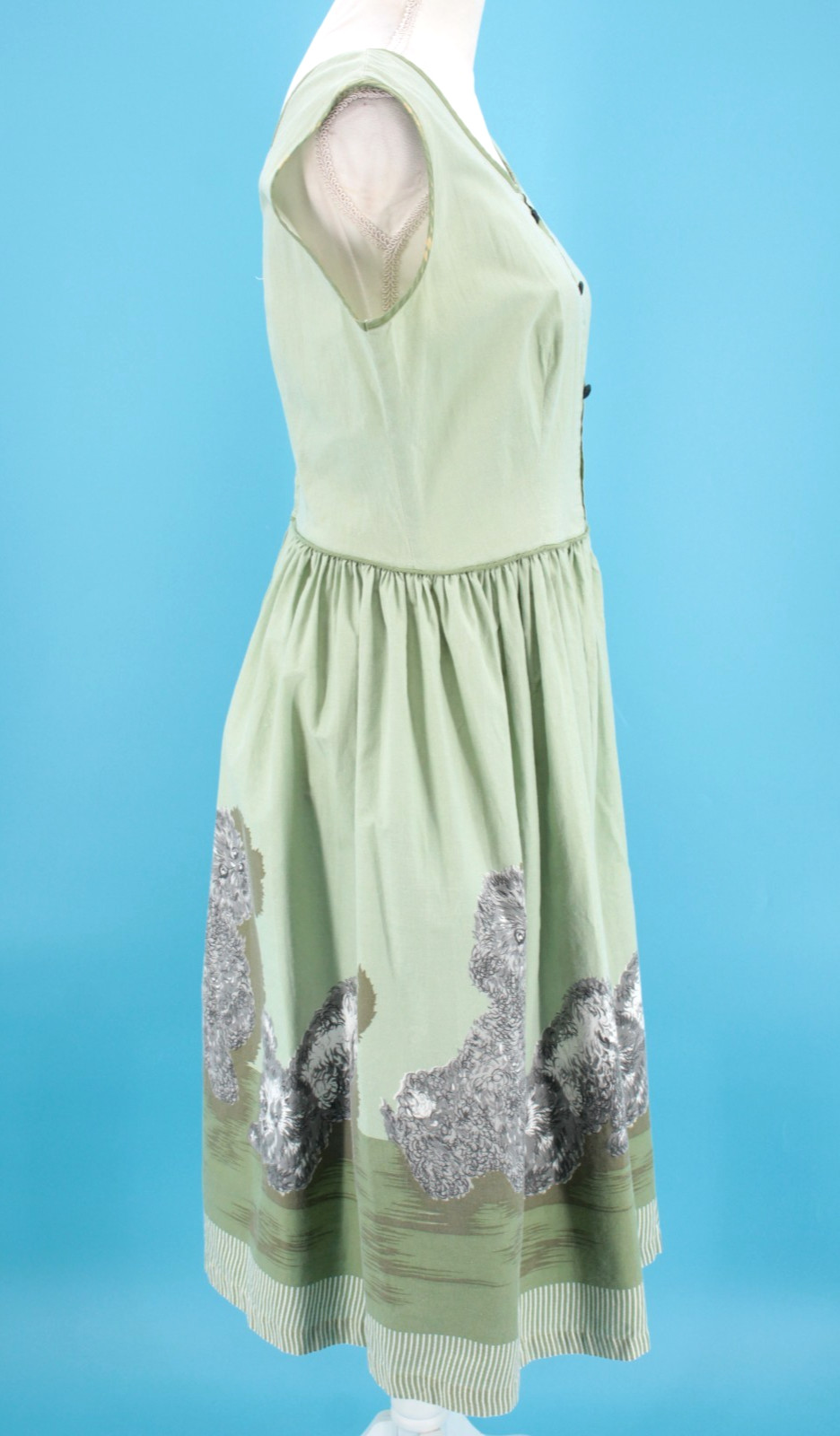 VTG Women’s 50s Sage Green Novelty Puppy Print Cotton Sun Dress S/M 1950s Dog