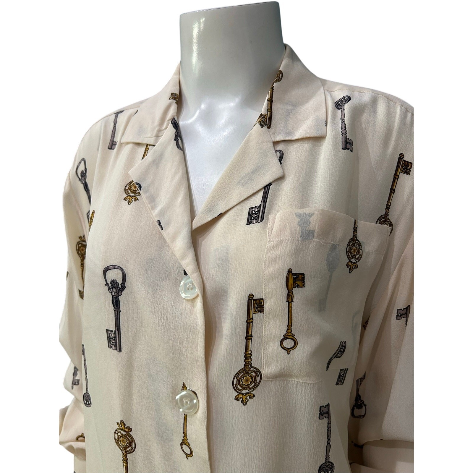 Vintage Silk Key Print Cropped Blouse Novelty Shirt Quiet Luxury top M ^