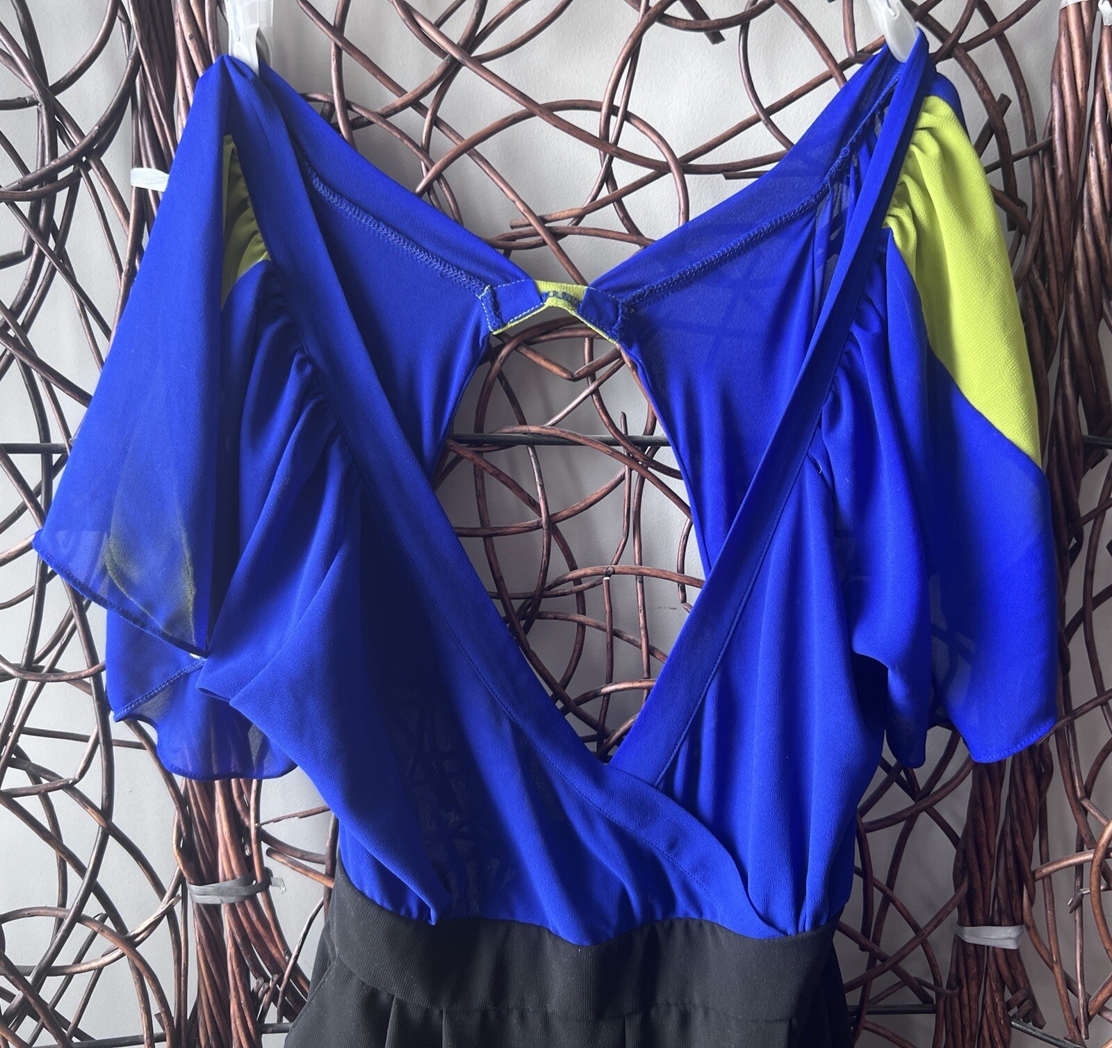 BUTTERFLY SLEEVE ONE PIECE RETRO BLUE GREEN AND BLACK CHIFFON JUMPSUIT