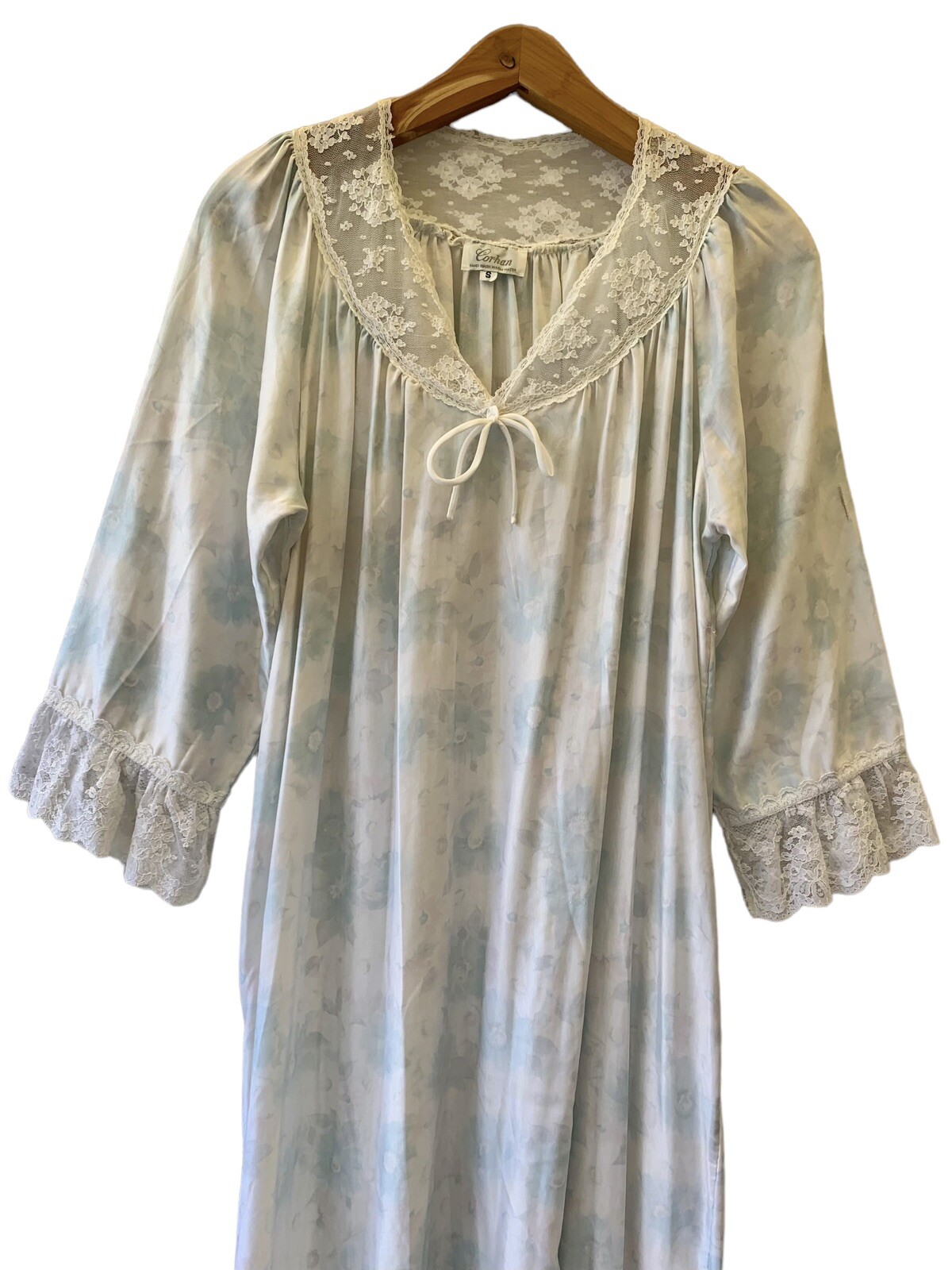 VTG Prairie Cottage Romantic Farmhouse Blue Long Nightgown Lace Corhan Floral