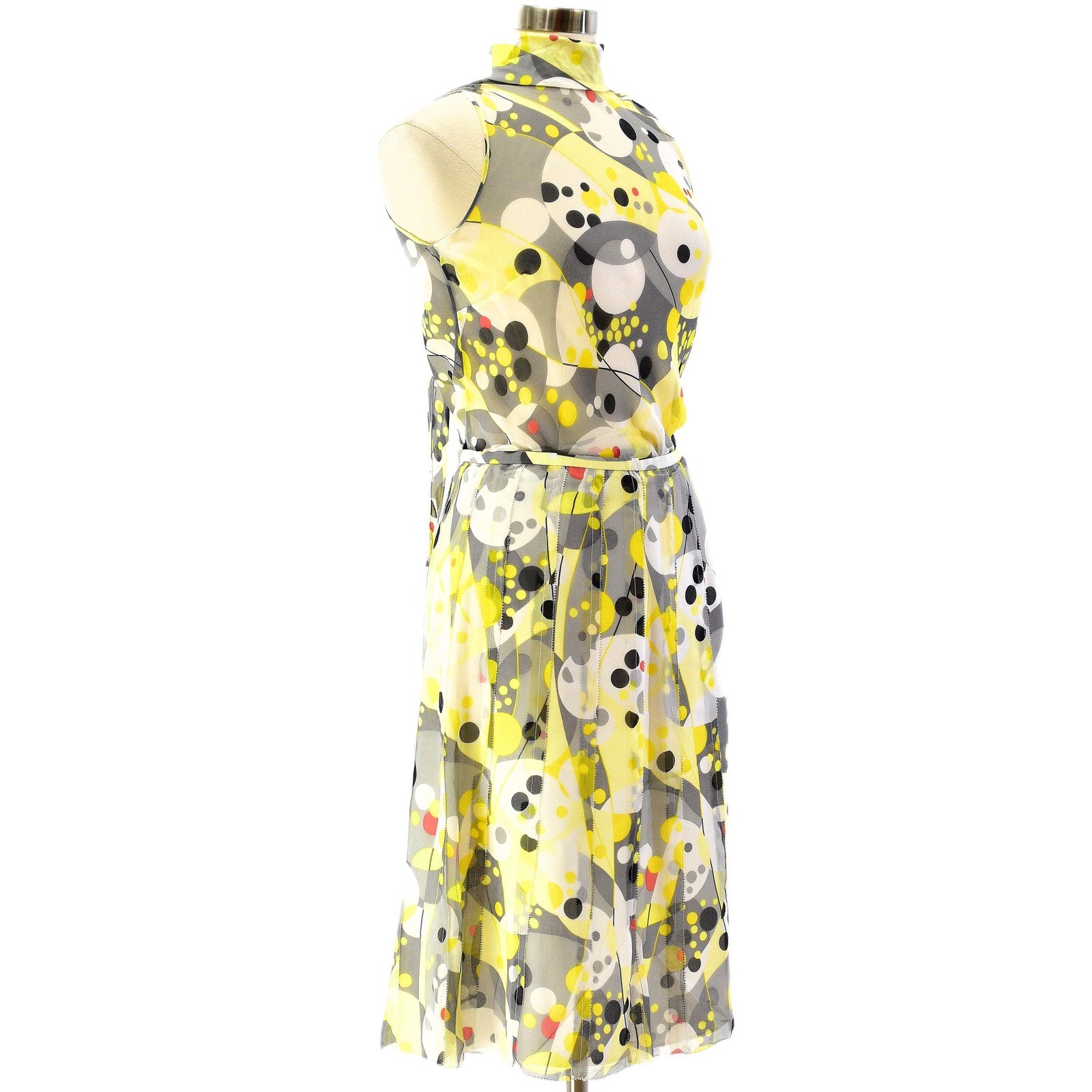 Y2k Silk Scarf Neck Top & Skirt Set Womens 4 S Blouson Sleeveless Yellow Gray