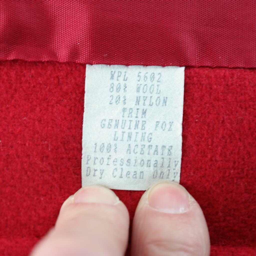VTG 90s Komitor Red Wool Hooded Coat Genuine Dyed Fox Fur Union Made USA Sz L
