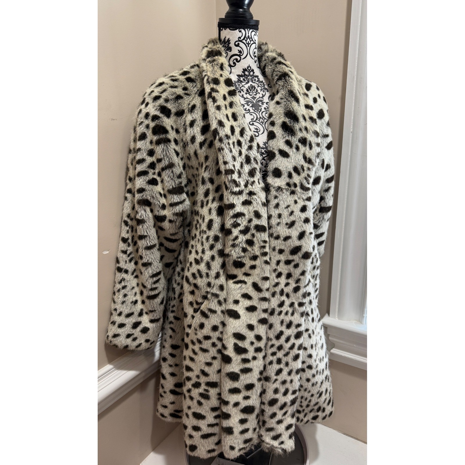 Le Nouveau Vintage Faux Fur Coat Leopard Print Shawl Collar Jacket Made in USA S