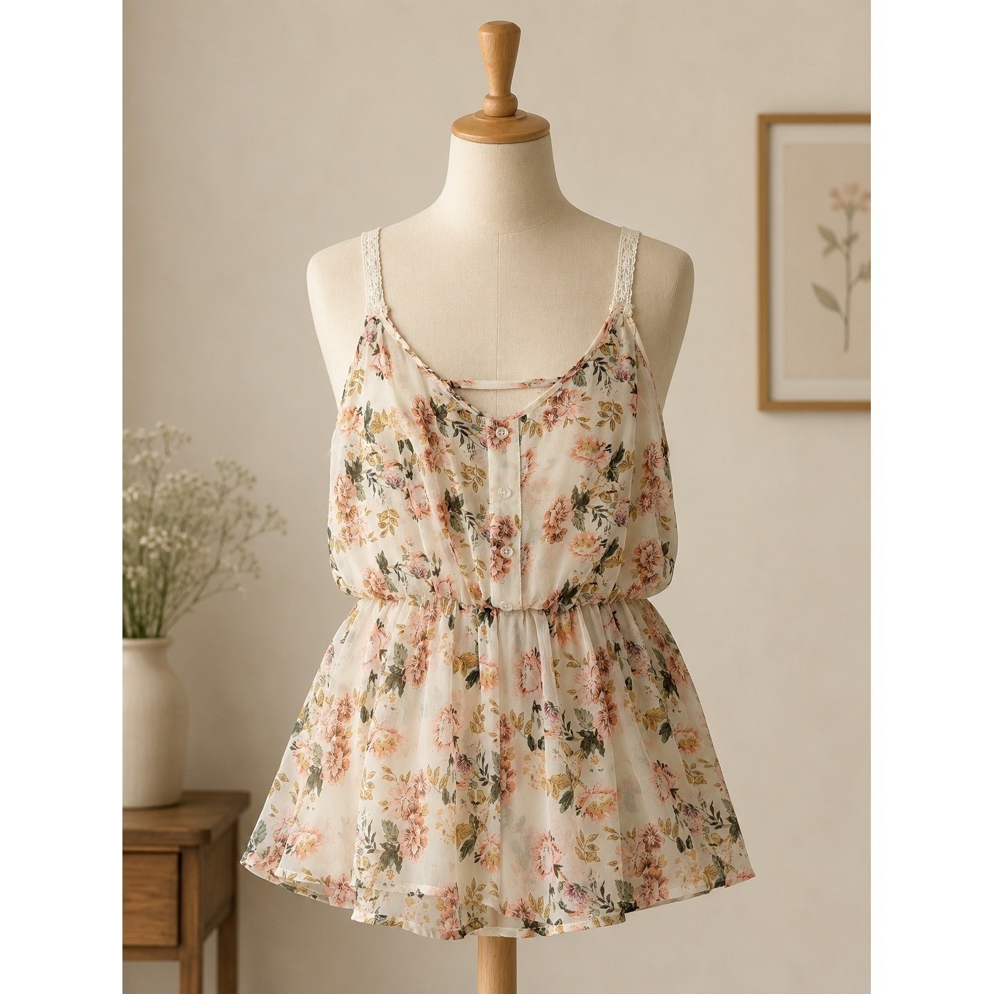 Sheer Floral Lace Strap Babydoll Cinched Cami Top | Size M