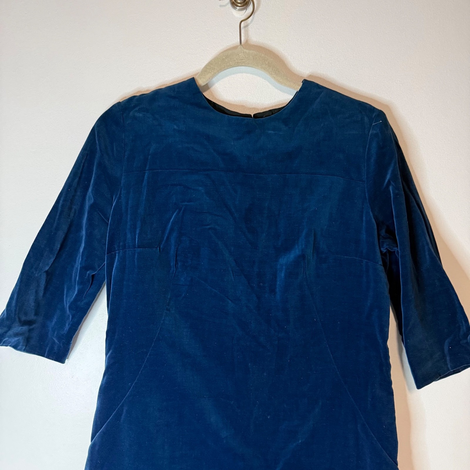 VTG Handmade Blue Velvet Fitted Dress Knee Length 70s 80s 90s Approx M?