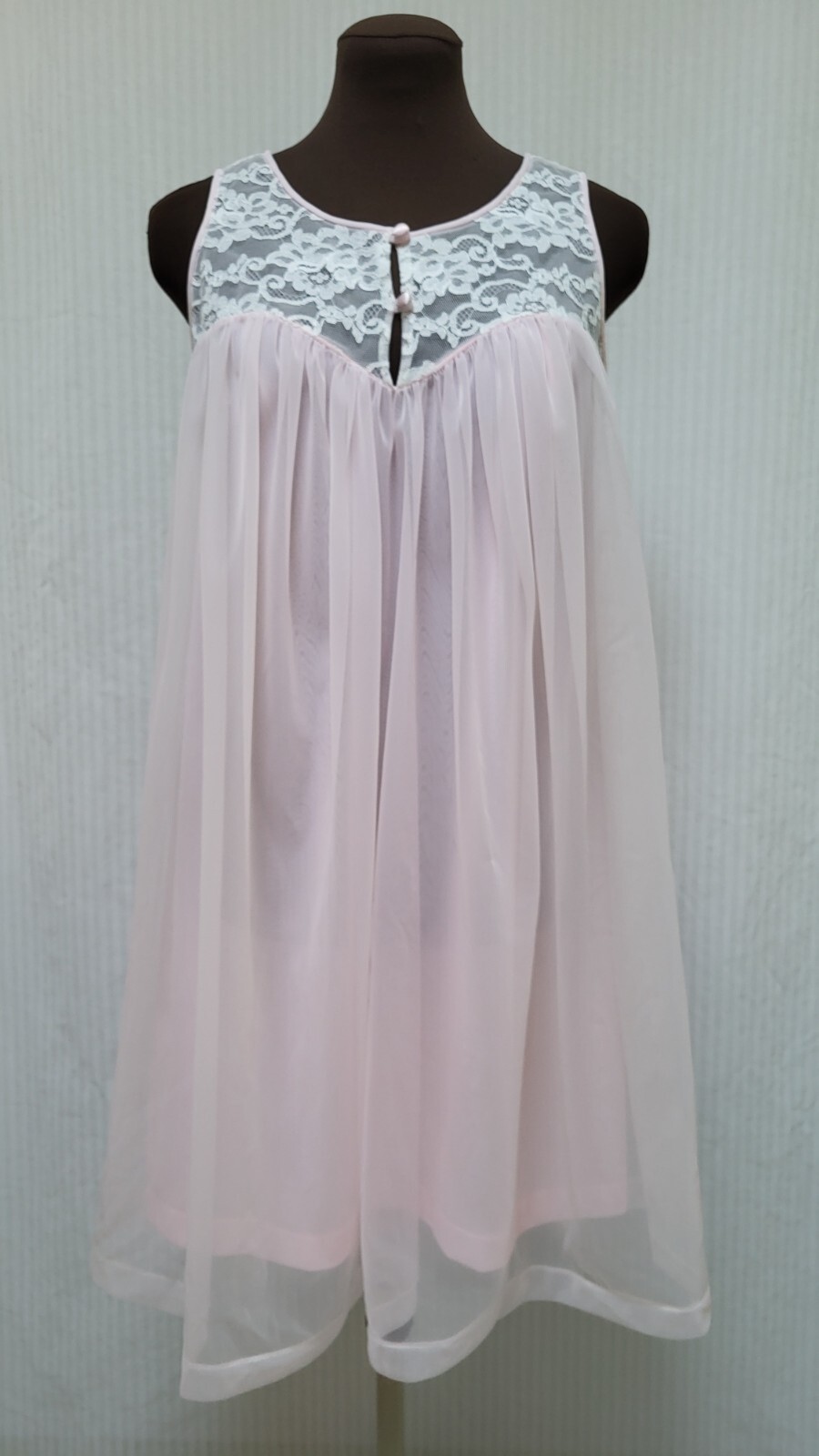 Vintage KOMAR Pink CHIFFON & LACE Babydoll Sissy Nightgown – Size S – EUC