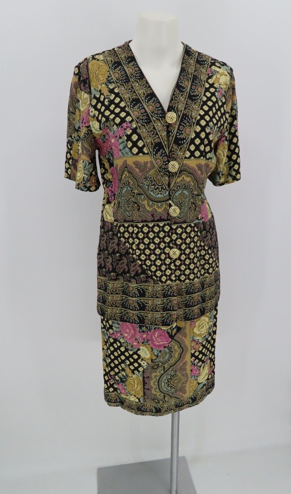 Vtg Lady Carol Of New York 2 Piece Dress Set Floral Cottagecore Black Pink SZ10