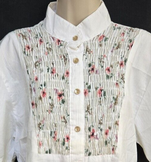 Vtg 80s Tap & Co Boho Hippie Button Blouse Stand Up Collar Floral Yoke L