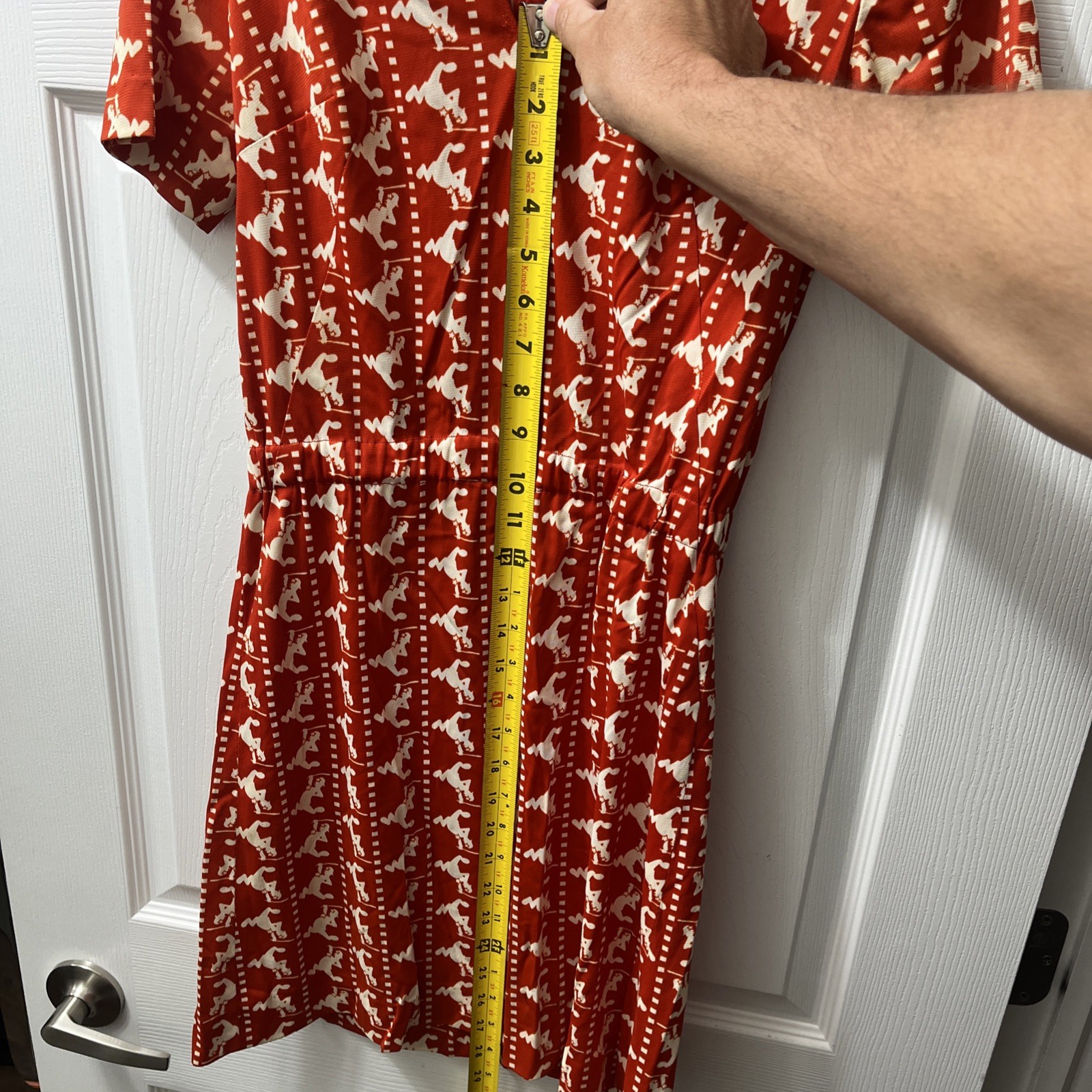 Vintage 1970s Police Novelty Print Dress Orange/Red White Cop Bobby Double Knit