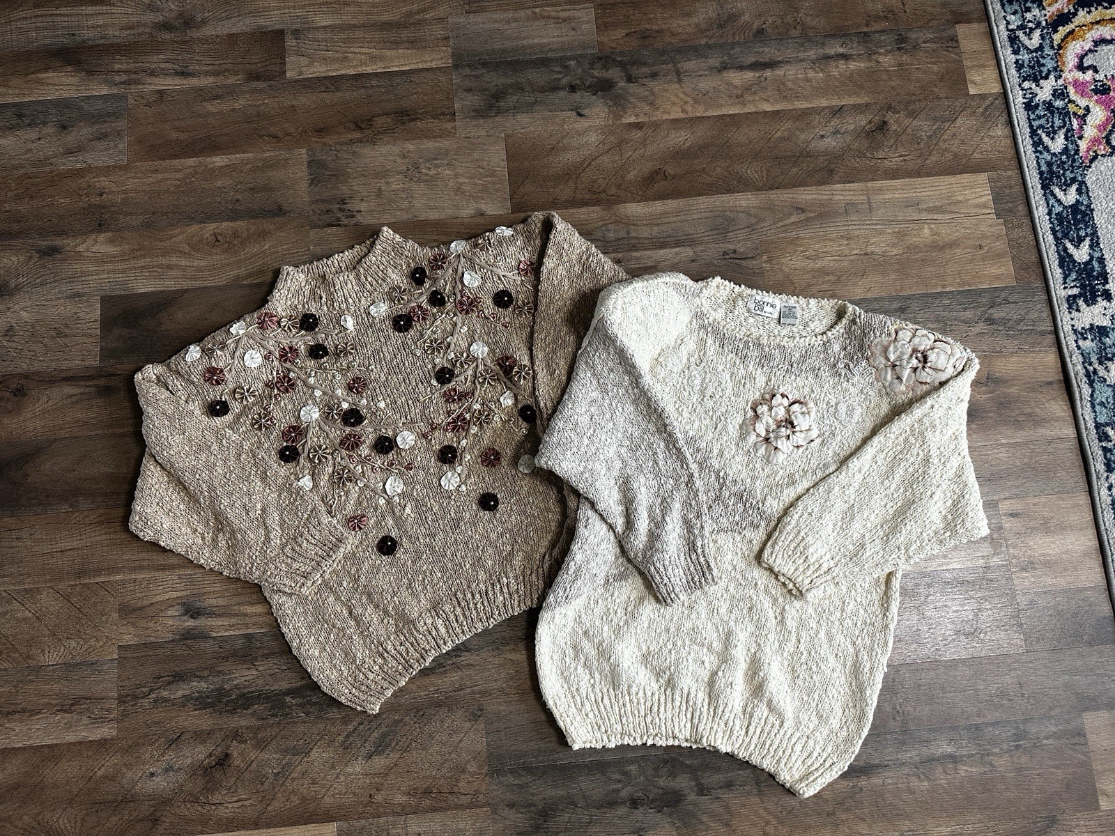 TWO Vintage 80s Bonnie & Bill Applique Sweaters M Chunky Knit Artsy Flower Boho
