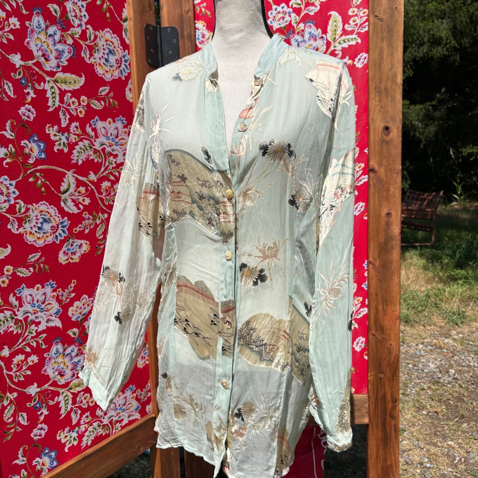 Vintage Semi Sheer Beachy Coastal Button Front Boho Blouse Size L