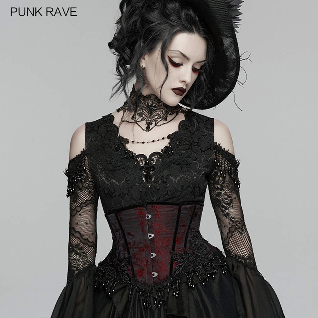 Punk Rave Women Black Gothic Rose Bead Tassel Waistband Slim Fit Corset