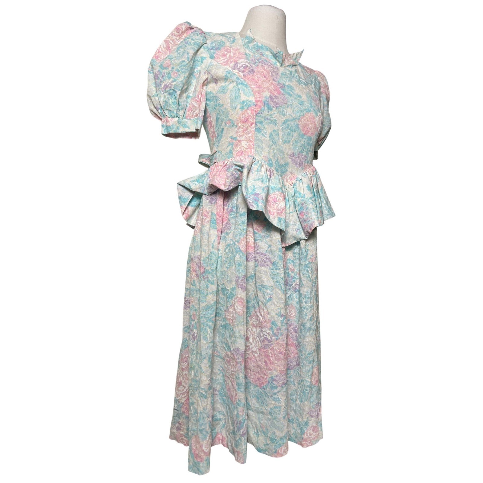 Vintage 80s Pastel Floral Peplum Midi Dress Cottagecore Tea Party Garden Prarie