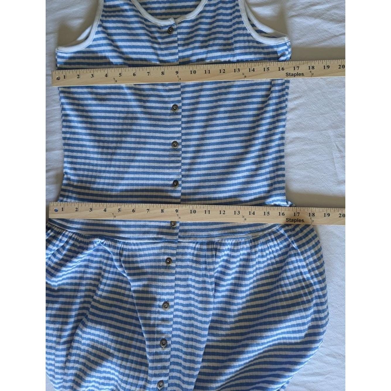Vtg Blue & White Striped Ribbed Button Front Drop Waist Midi Dress Nautical Sm