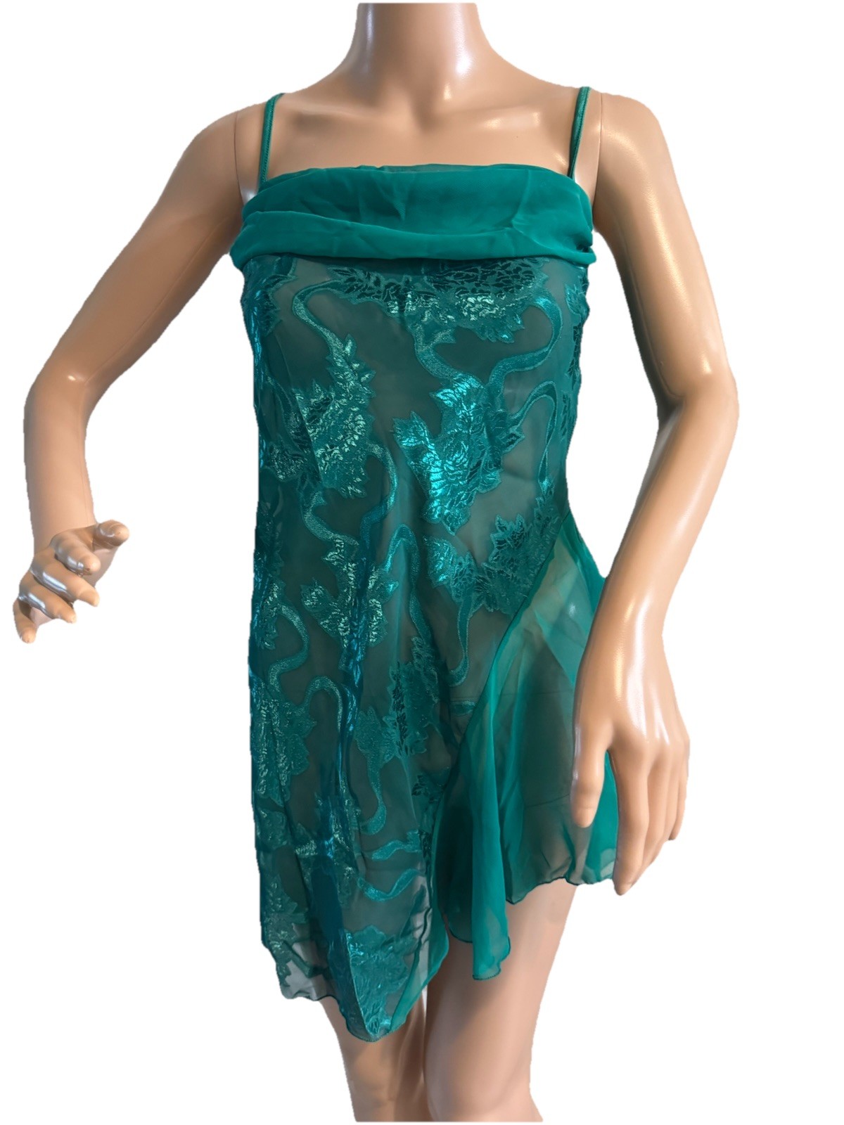 Vintage Shirley Of Hollywood Emerald Green Satin Sheer Chiffon Lingerie Nighty S