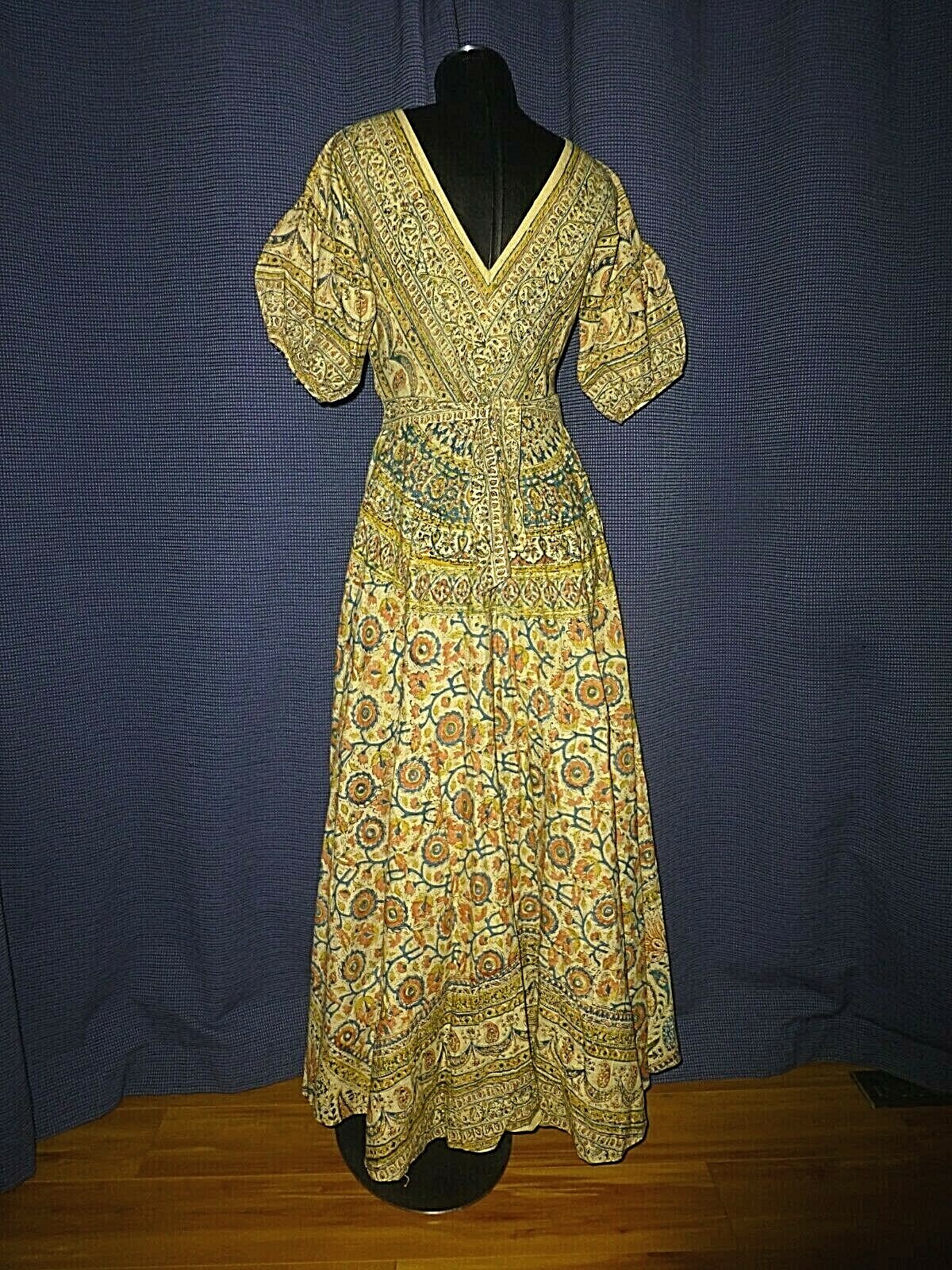 Vtg 50s INDIA Block Print Cotton Ethnic Hippie Boho Gypsy Full Skirt maxi Dress