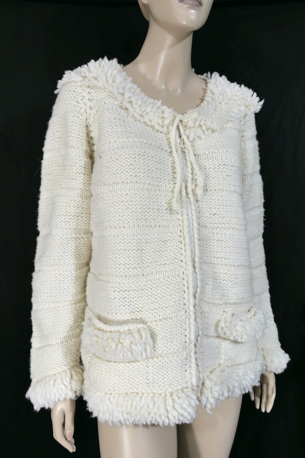 Vintage 70s Mod Hippy White Fringe Machine Wash Wool Sweater Jacket Equador M/L