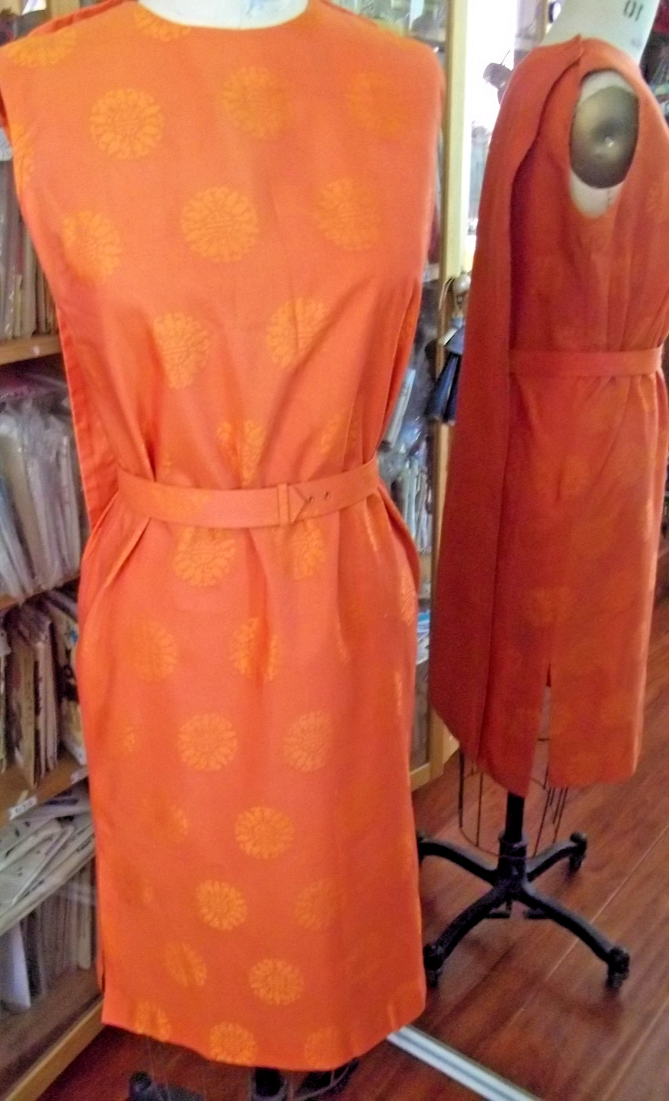 Vintage 50’s 60’s Sydney Honolulu Hawaiian Dress Orange Back Drape + Belt Silk M