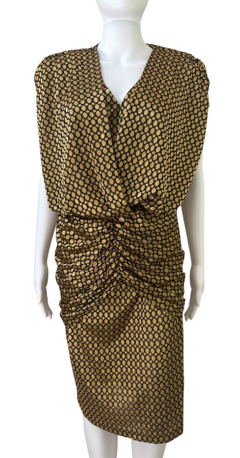 Vintage 80s/90s Gold Black Polka Dot Pattern Wrap V-Neck Dress Size 8 Medium