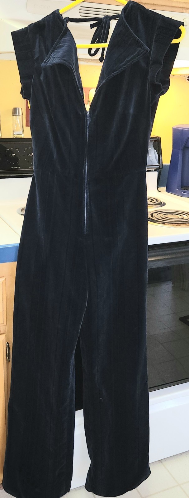 Vtg Ragtime 70s Navy Velour Wide Leg Jumpsuit Deep V Neck Disco Jumper Outfit M