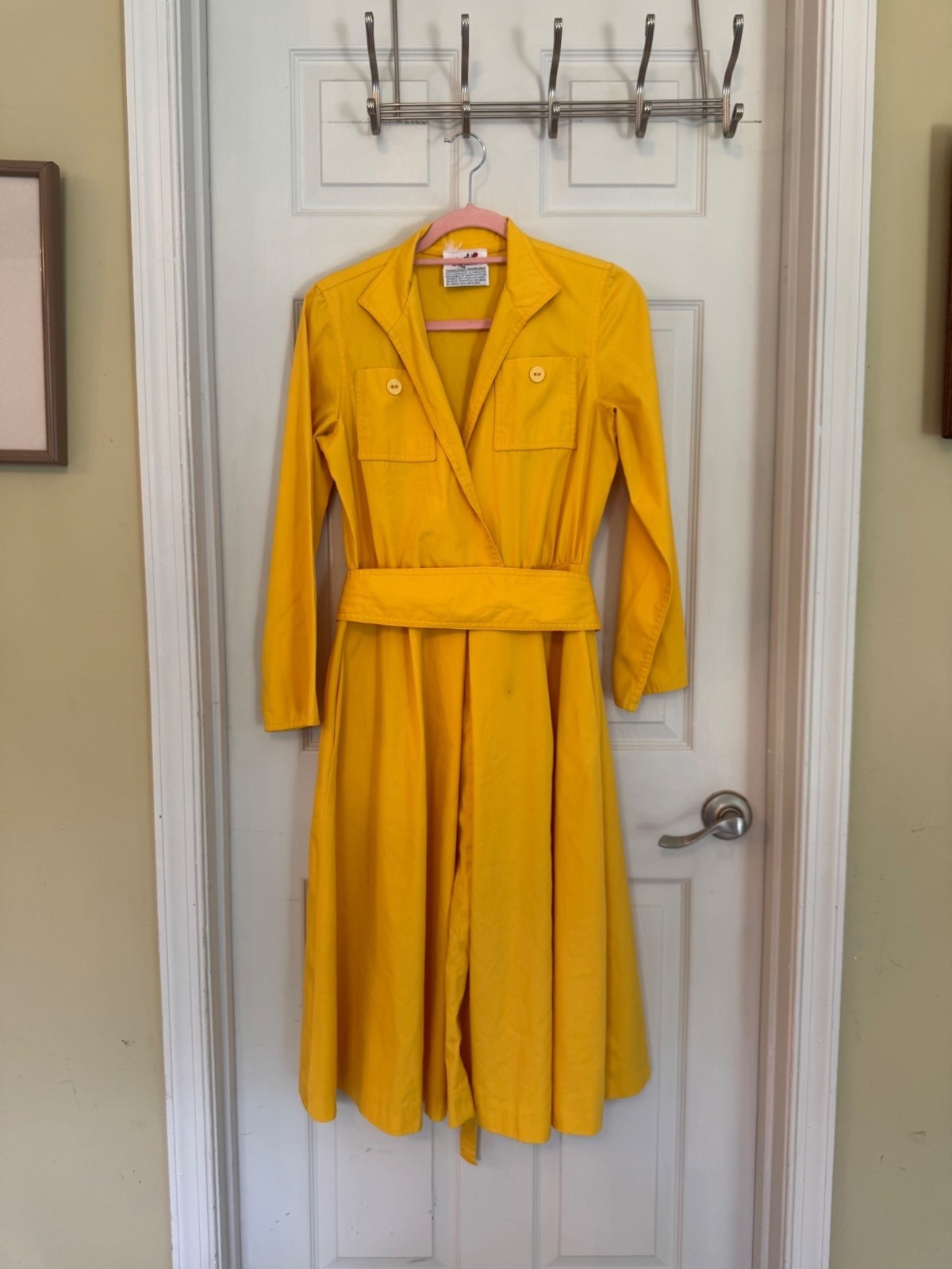 Vintage Caron Retro 70’s Yellow Midi Length Long Sleeve Shirt Dress Size Small