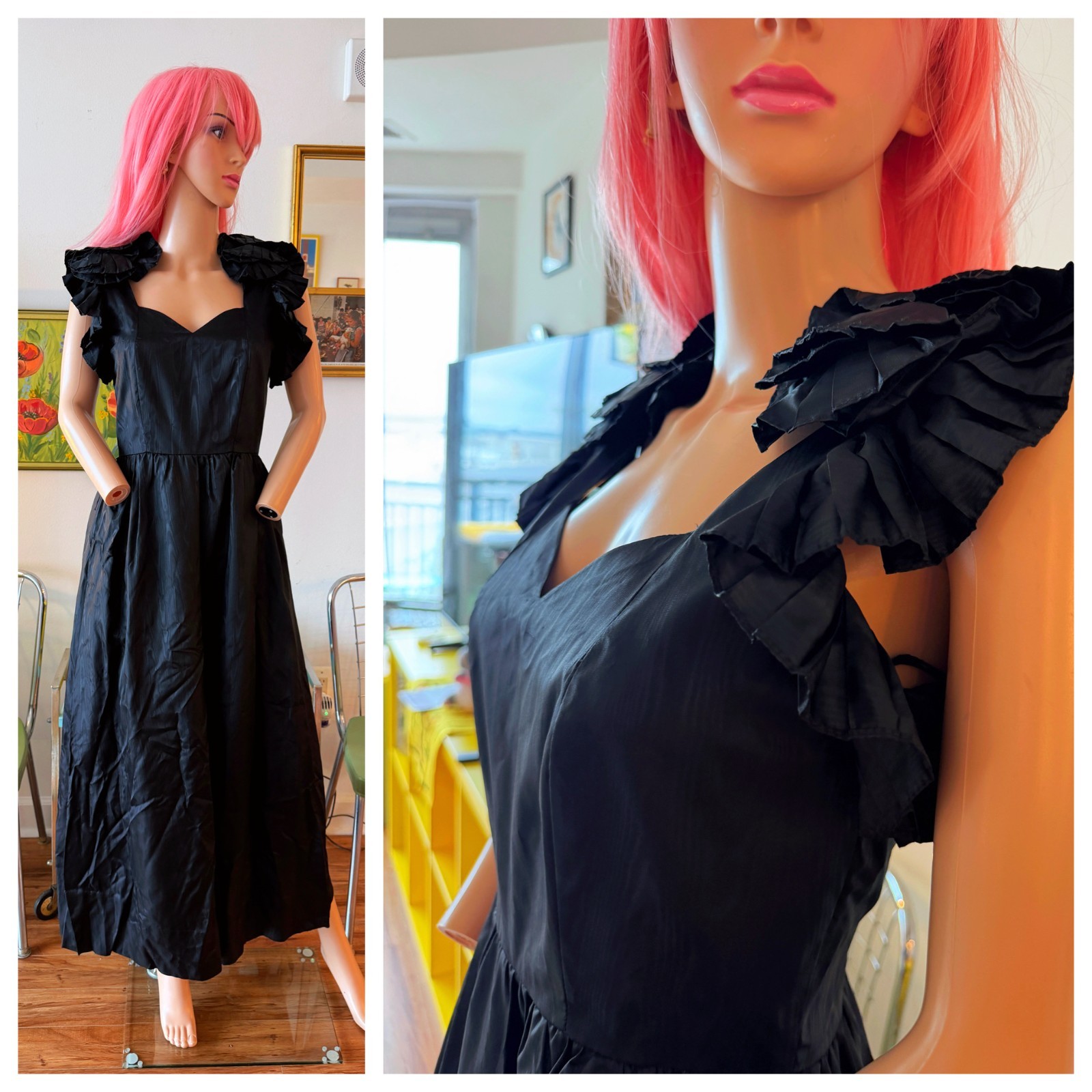🦇 Vtg 80s Black Ruffle Shoulder Maxi Dress Goth Avant Garde Victorian Party S M