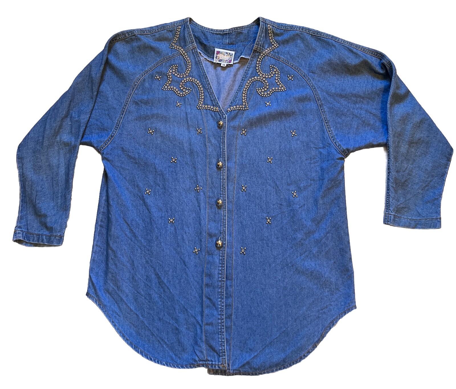 Vintage Women’s Denim Western Button Shirt Studded Cowgirl Prairie Rodeo Size 14