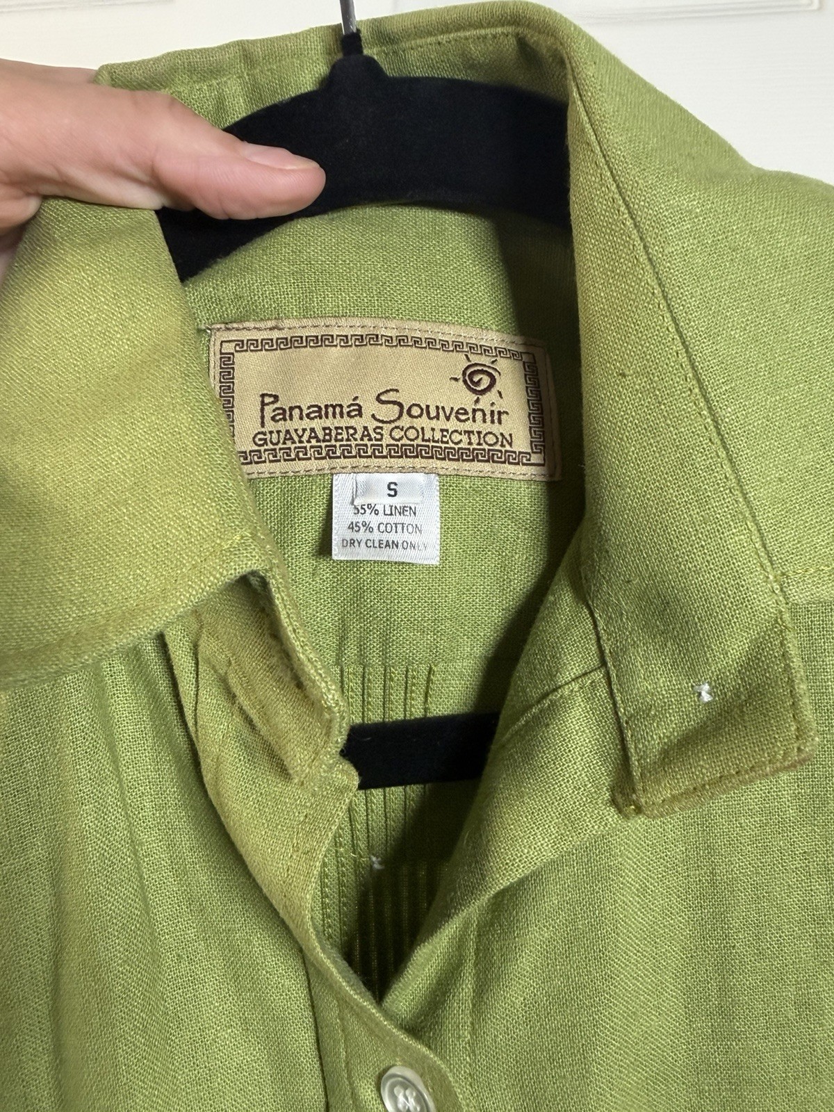 Vintage Panama Souvenir Guayabera Shirt S 55% Linen Cotton Green 4 Pocket