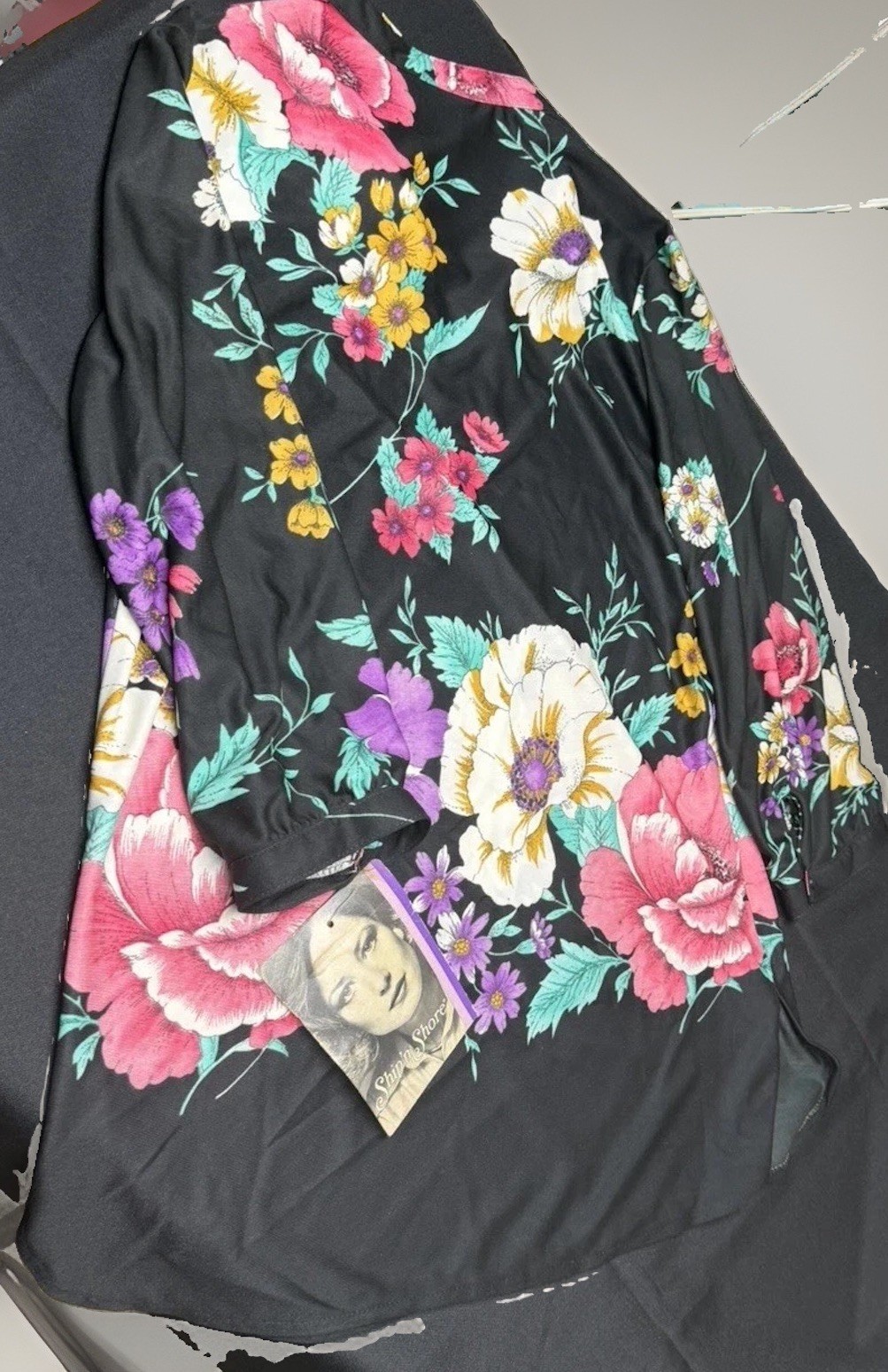 VTG 70s 80s Ship 'n Shore NWT Black Floral Qiana Style Polyester Blouse Size 10