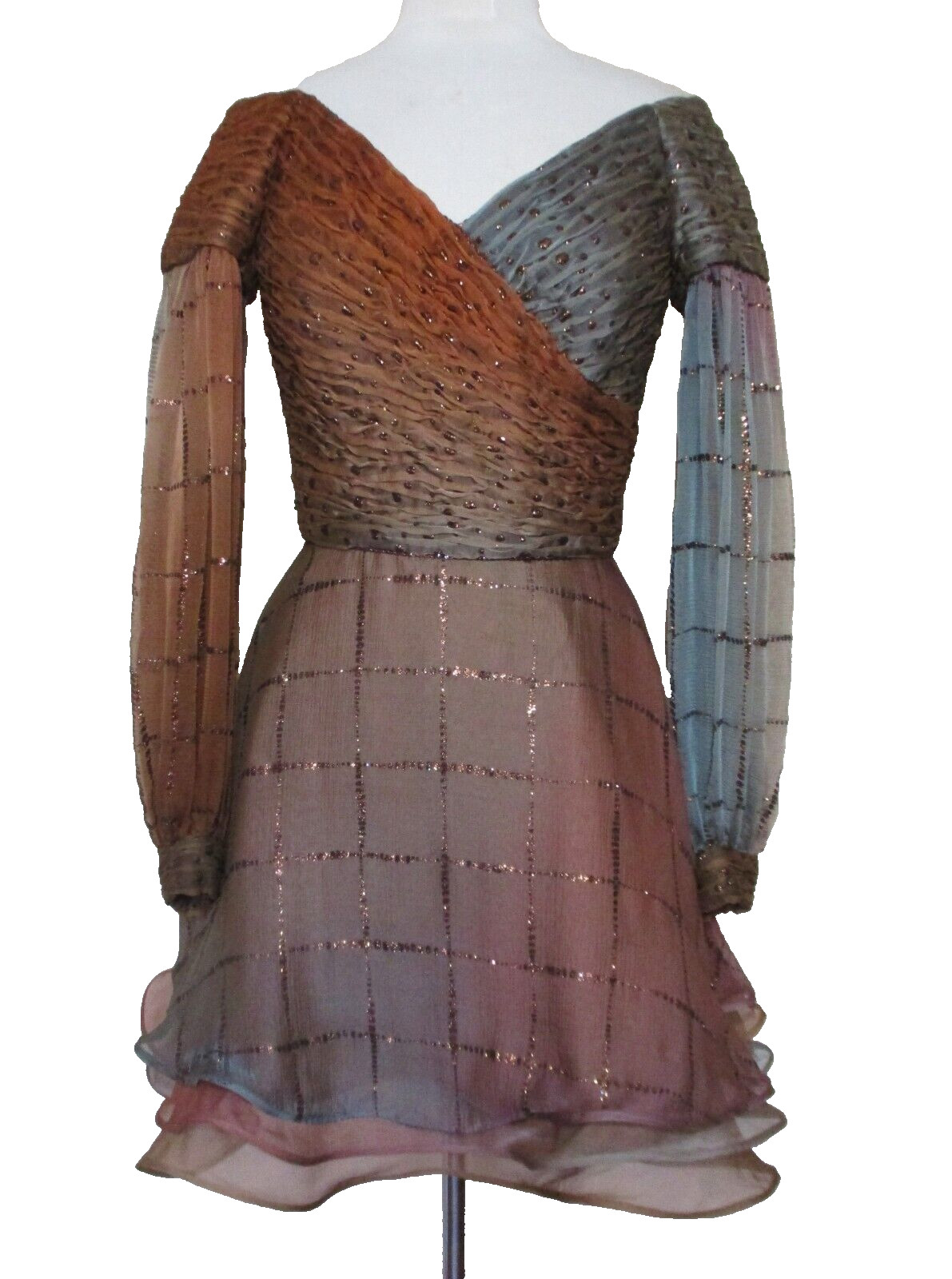 Vintage 80s Paticia Rhodes Cocktail Dress Size 4 Women Copper Gray Chiffon