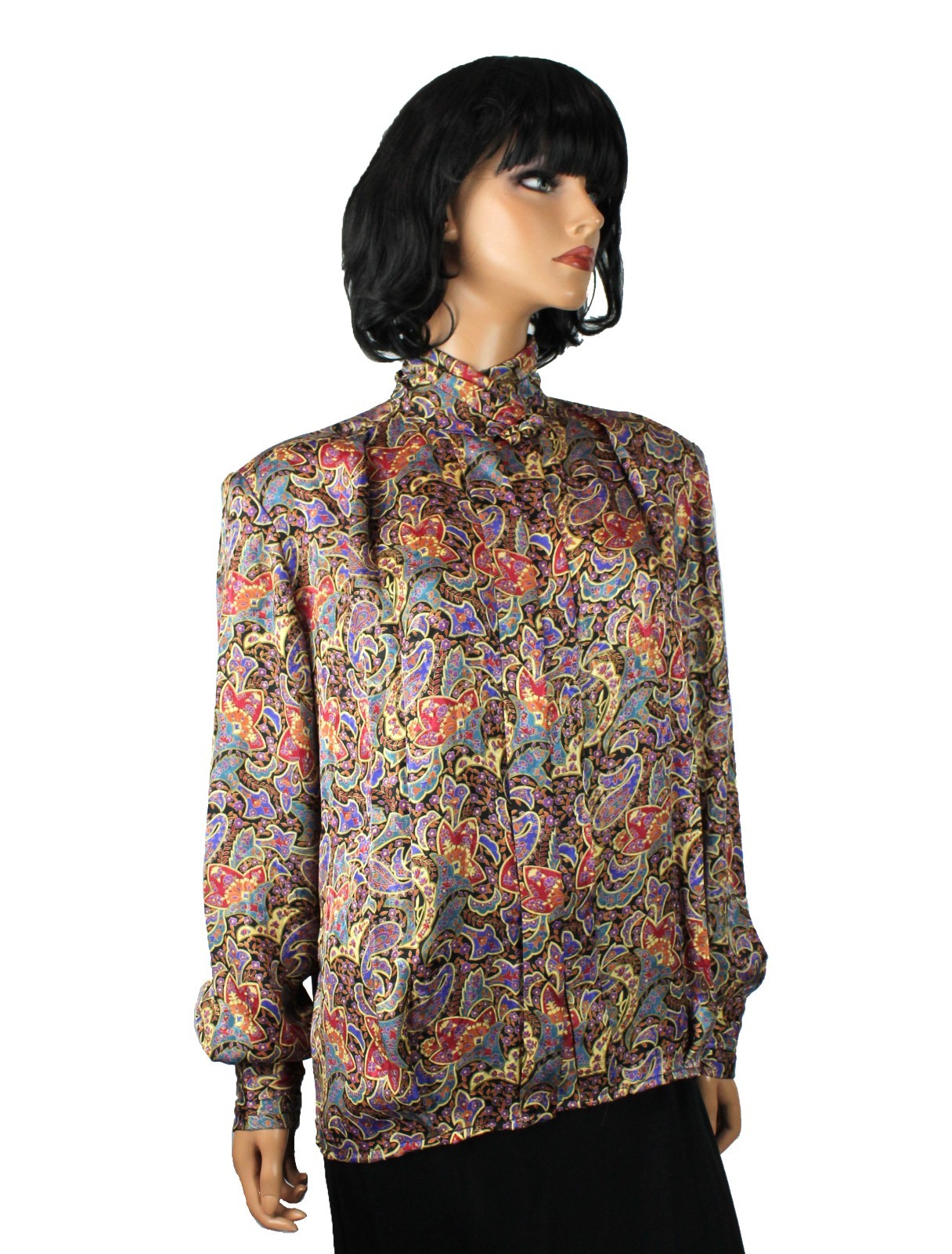Vintage Secretary Blouse 12 L Black Red Blue Paisley Turtleneck Dress Shirt