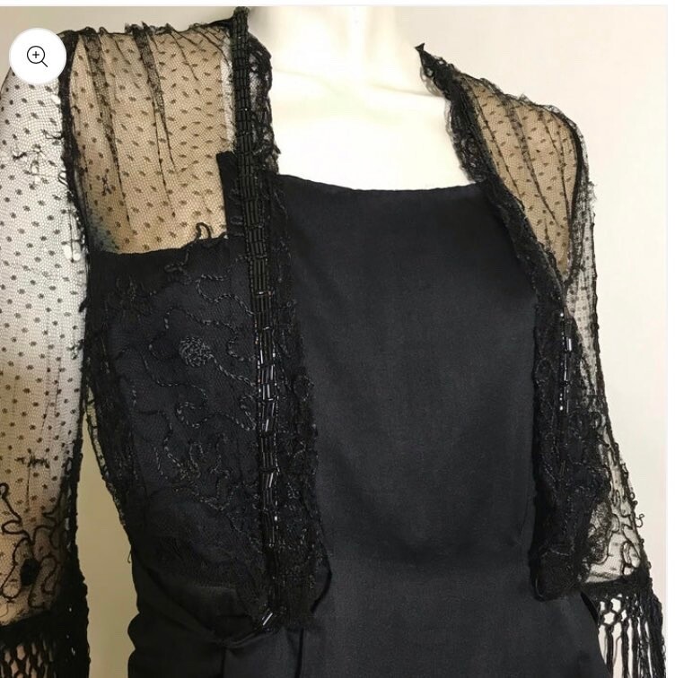 Antique 1910s Fringe and Bead Trimmed Black Silk Dress Vintage