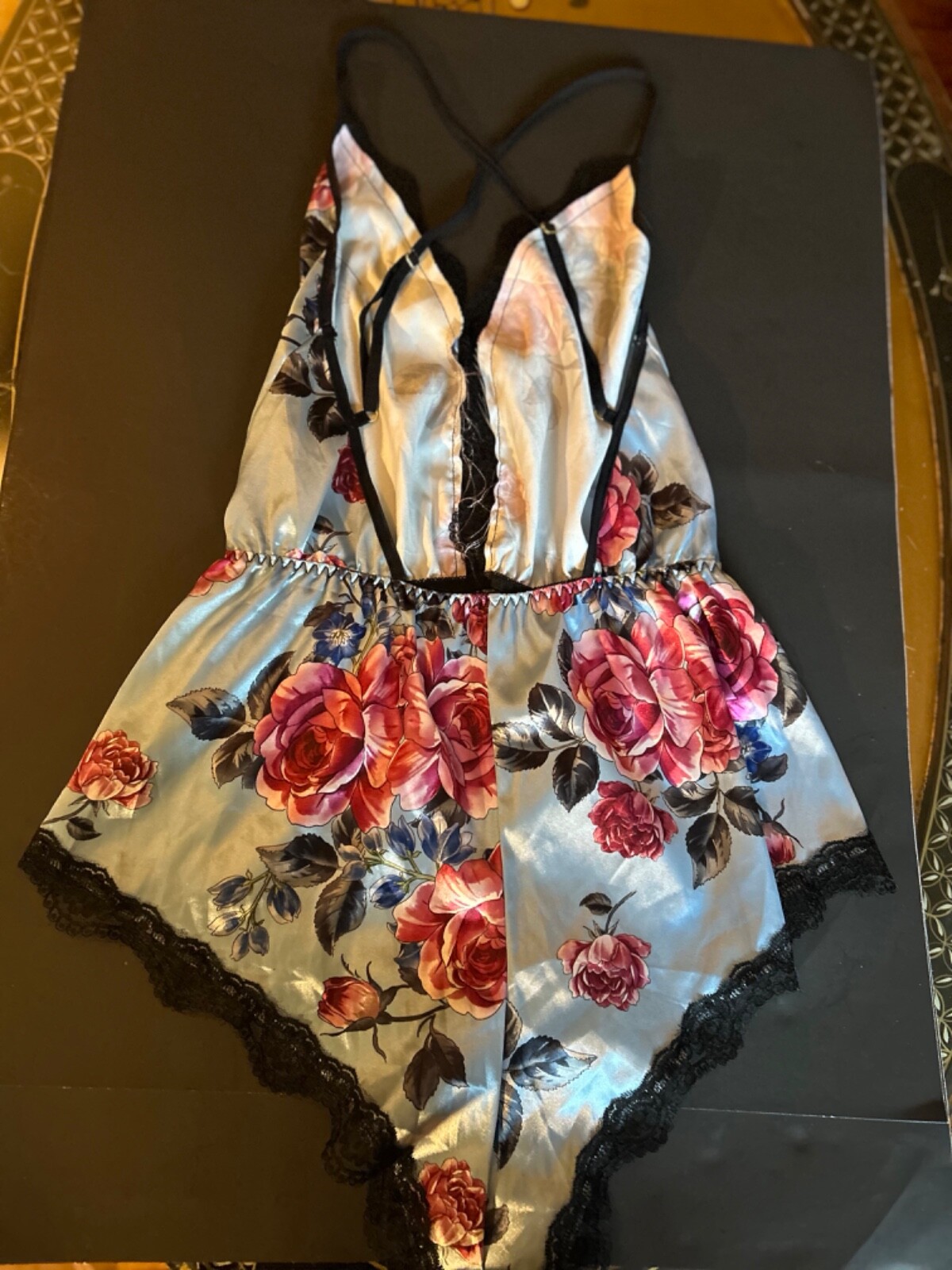 Glossy Satin Blue Floral Shiny Bodysuit TEDDY PLAYSUIT Romper Lingerie Cami M