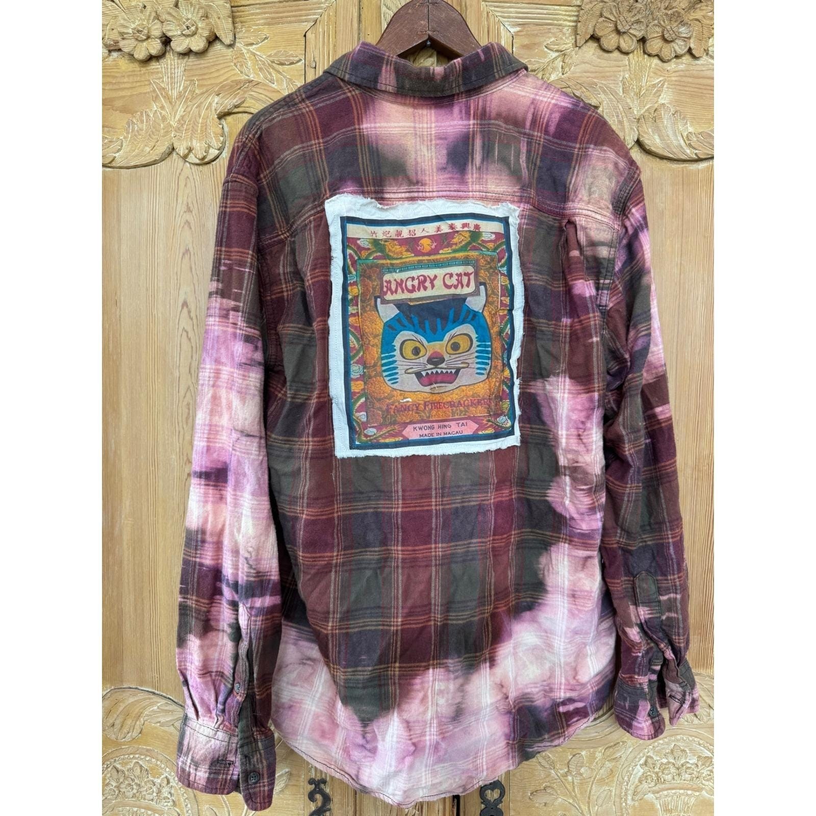 Upcycled Flannel Shirt Angry Cat Patch Grunge Art Large