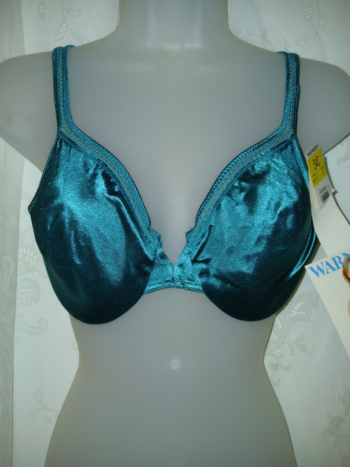 Vintage 80s Warners Bright Shine Teal Green Satin Nylon Underwire Bra 34C NWT