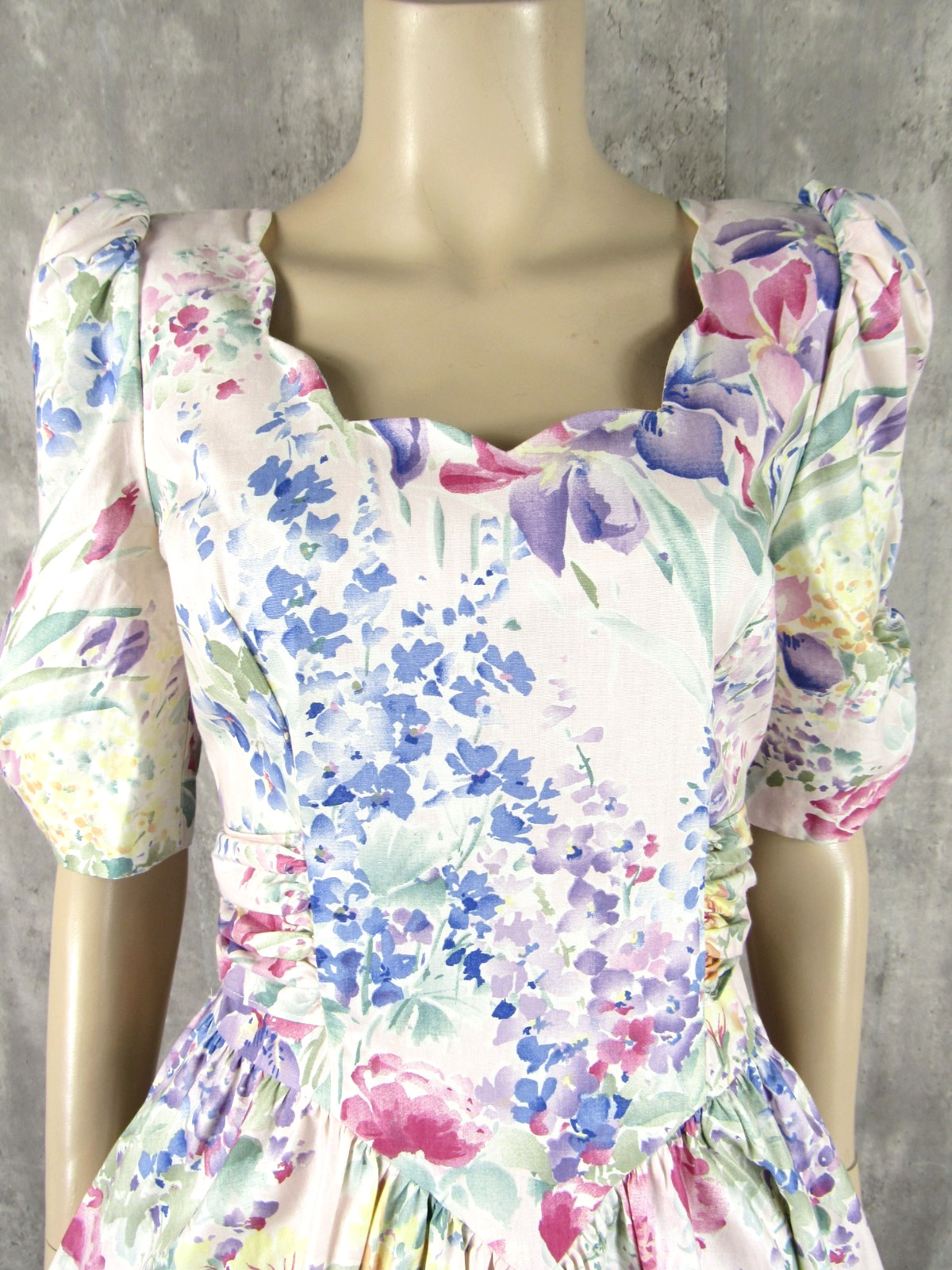 Vintage 80s Expo Floral Puffy Sleeves Big Bow Floral Cotton Midi Tea Dress S/M