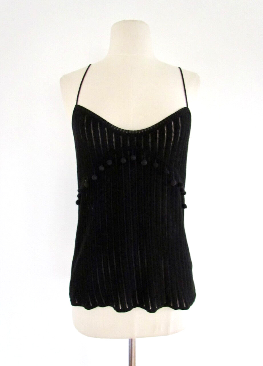 Chloé Black Crochet Top Knit Camisole Pom Pom L Italy Y2K Deadstock