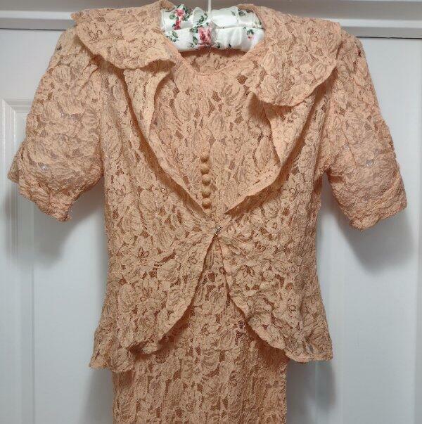 Vintage 30s Alencon Net Lace Gown Bias Cut Slip & Jacket Peach Wedding Dress S