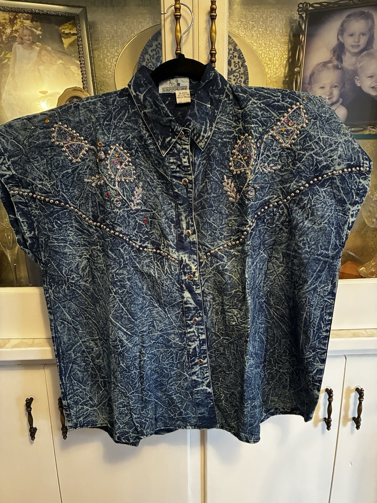 80s 90s Blu Sapphire Acid Wash Bedazzled Short Sleeve Jean Shirt Shoulder Pads M