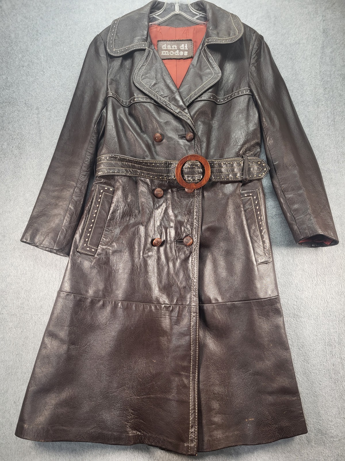 Dan Di Modes Belted Brown Leather Trench No Size Tag Distressed Spots Vintage