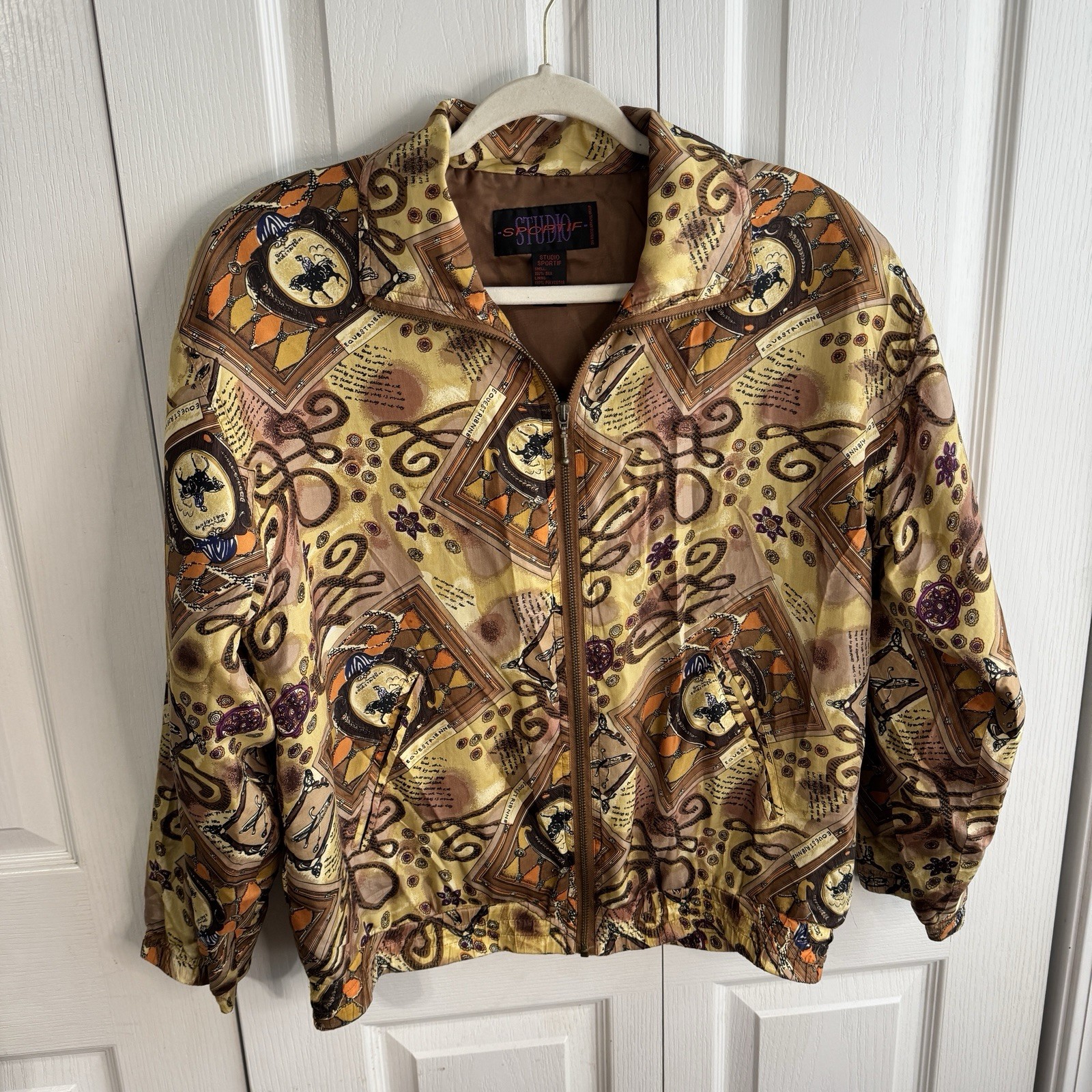 Vintage Studio Sportif Silk Bomber Jacket Equestrian Horses Women’s Size Small