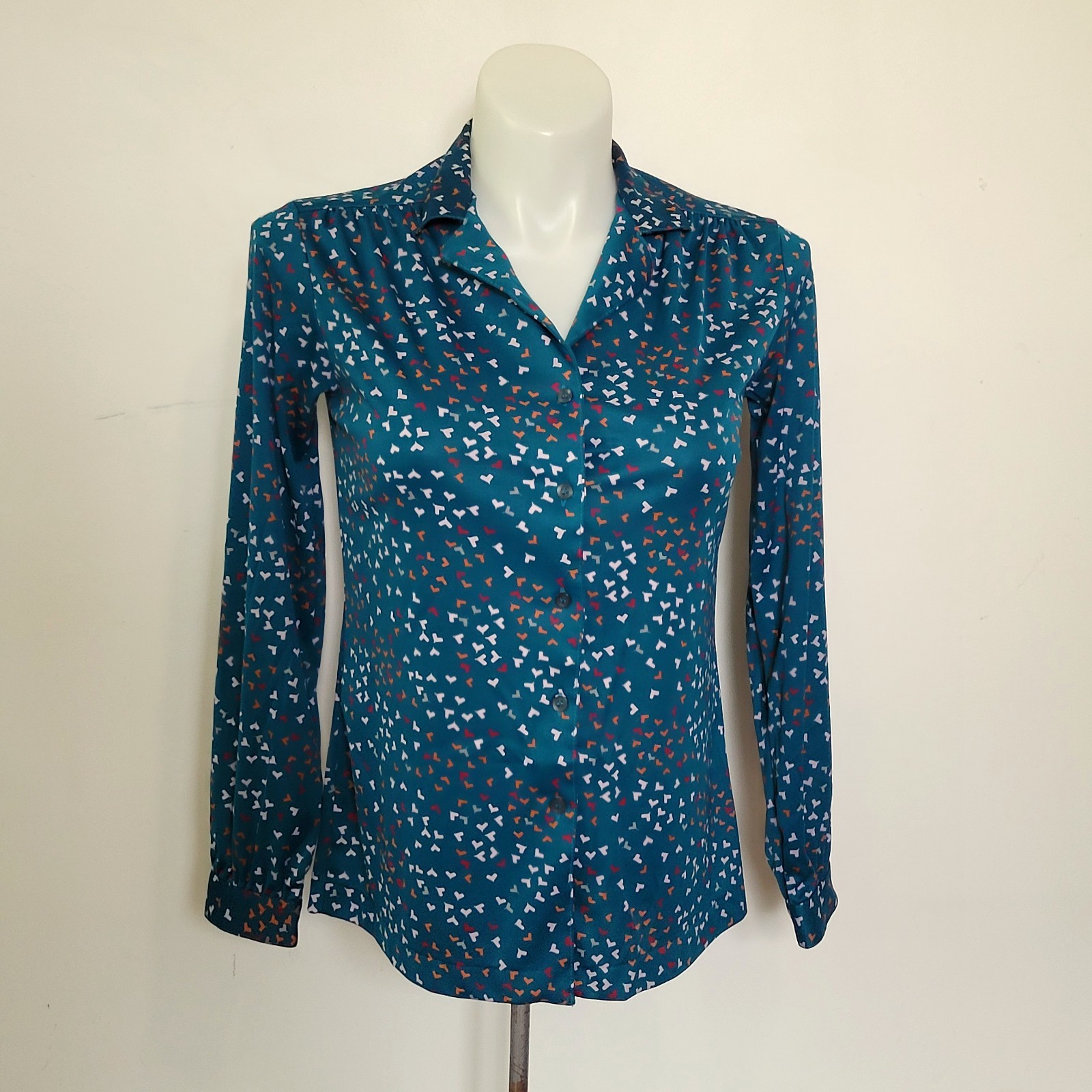 Vintage 70s Sears Blouse The Fashion Place Teal Geometric Button Front Size:Read