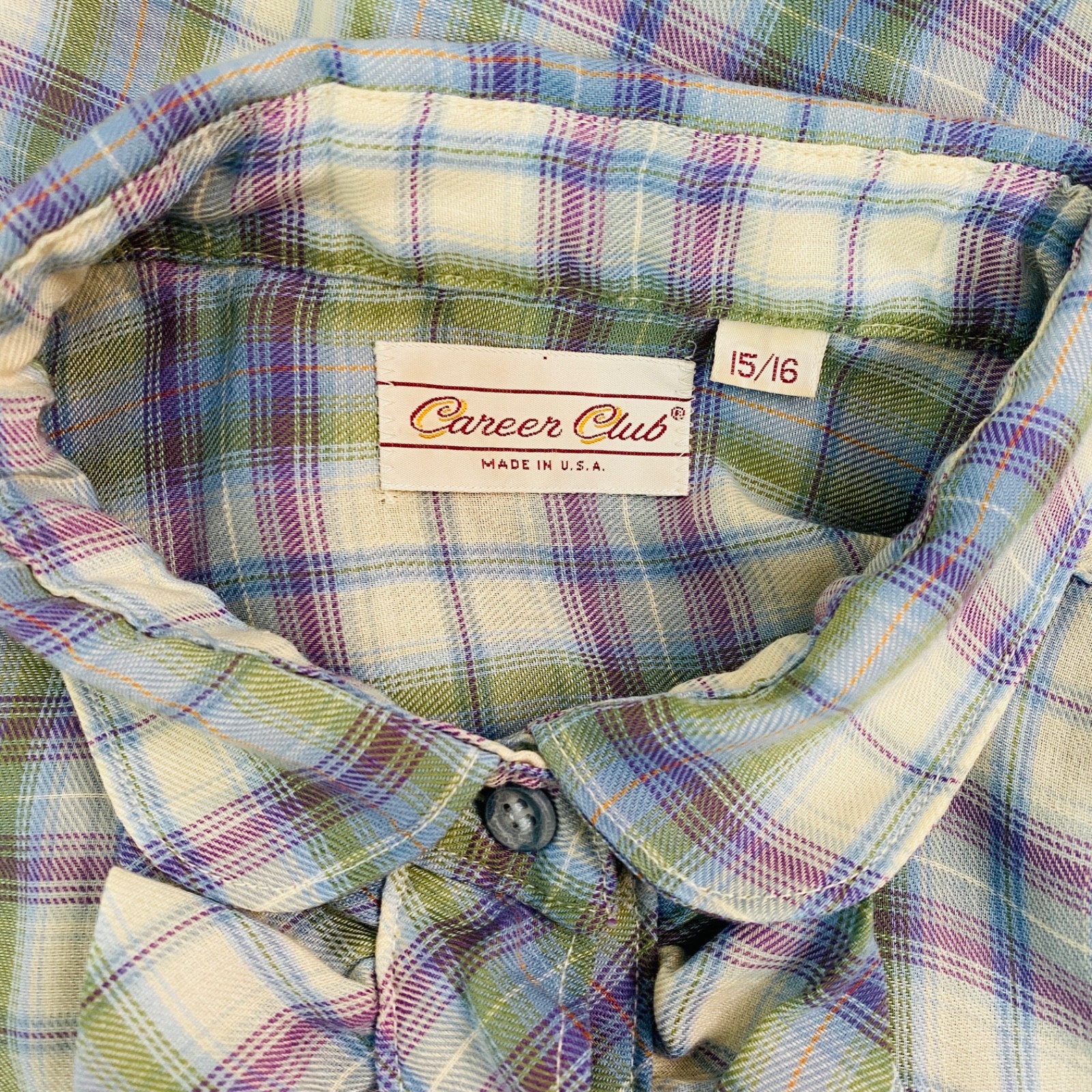 Vintage 1970s purple plaid blouse L ruffle long sleeve white green Victorian