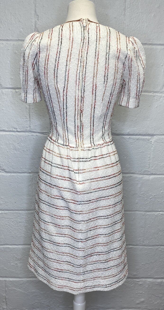 Vtg 70s 80s Day Dress Rainbow Sz 6 Small Nubby Fabric Stripe Resort Cream Woven