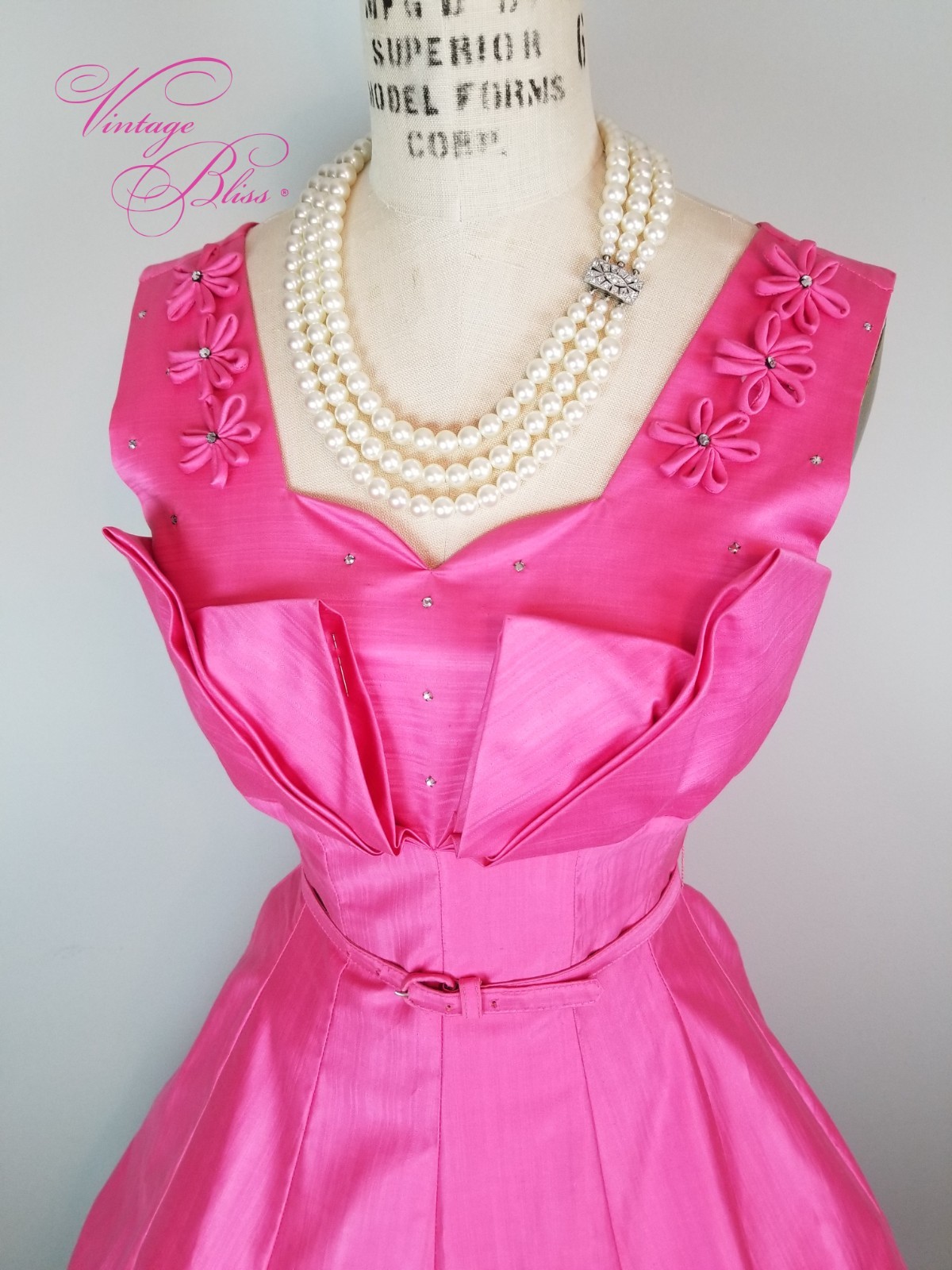 Vintage 1960’s Hot Pink Party Dress Rhinestone & Floral Details Ladies Size Sm